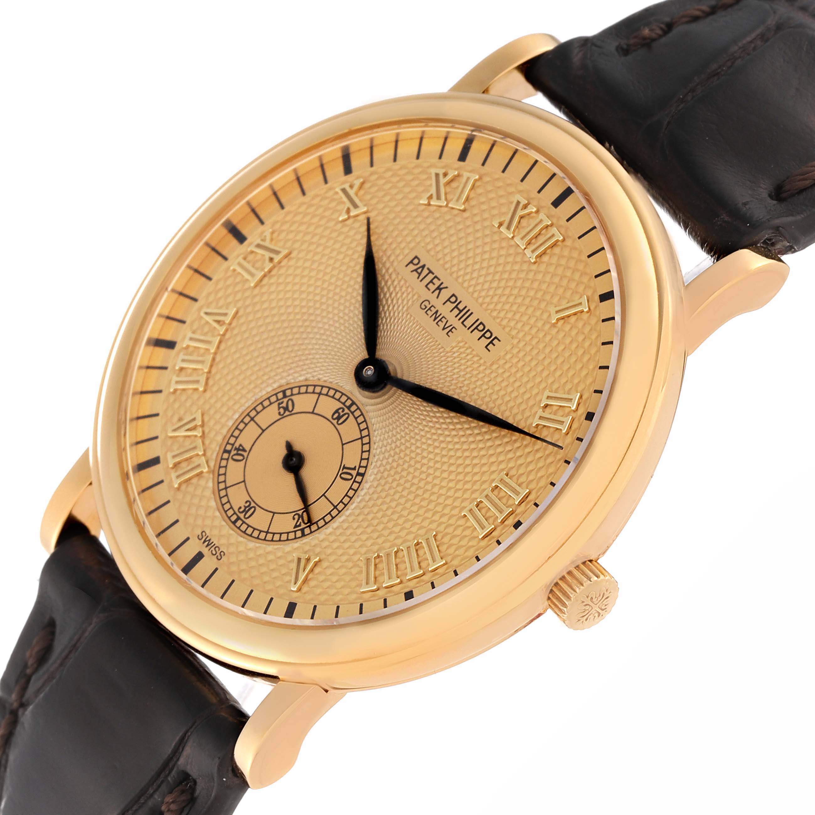 The image shows an angled front view of a Patek Philippe Calatrava 5022 Men's Yellow Gold Champagne Dial 5022 Men's Yellow Gold Champagne Dial watch, highlighting the dial, Roman numerals, and leather strap.
