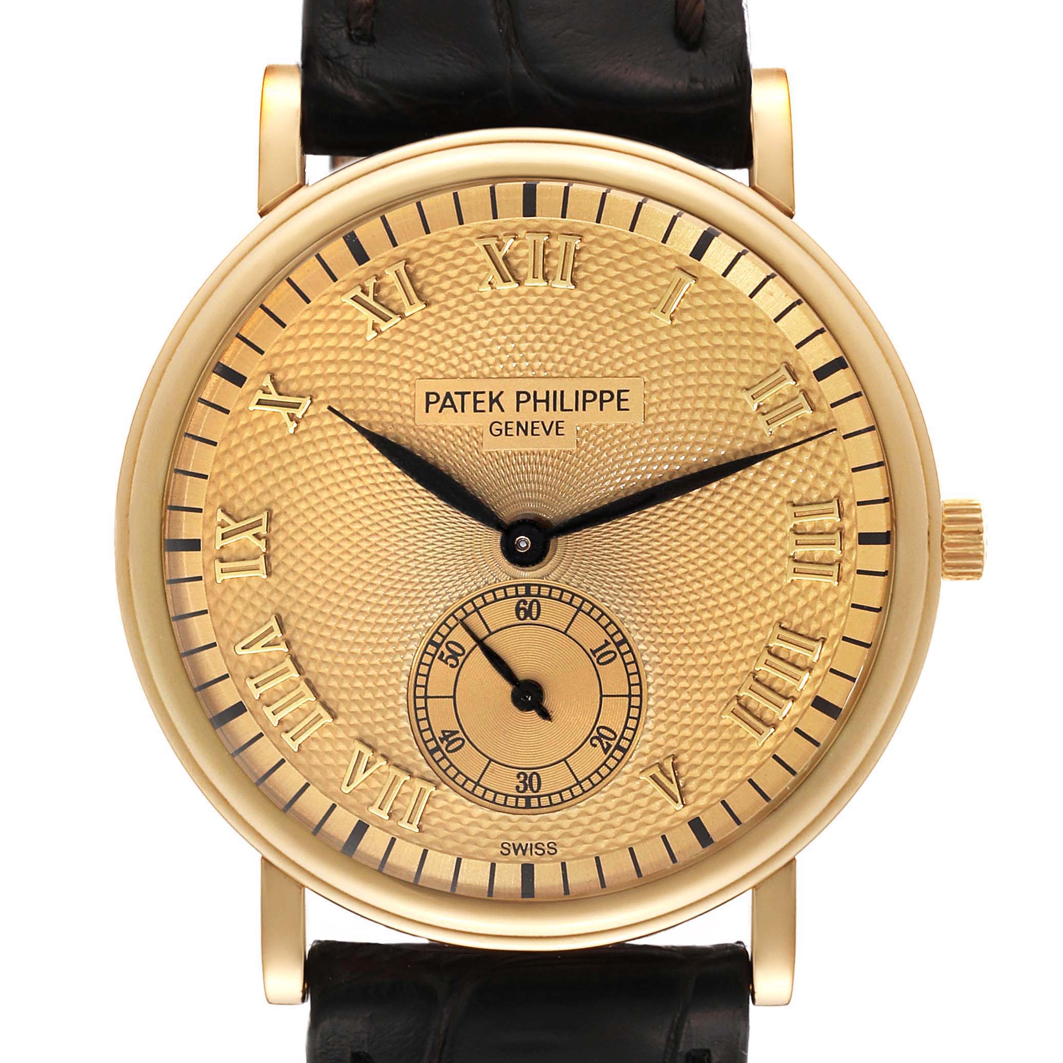 The image shows a front view of the Patek Philippe Calatrava 5022 Men's Yellow Gold Champagne Dial 5022 Men's Yellow Gold Champagne Dial model watch, highlighting its dial, crown, and leather strap.
