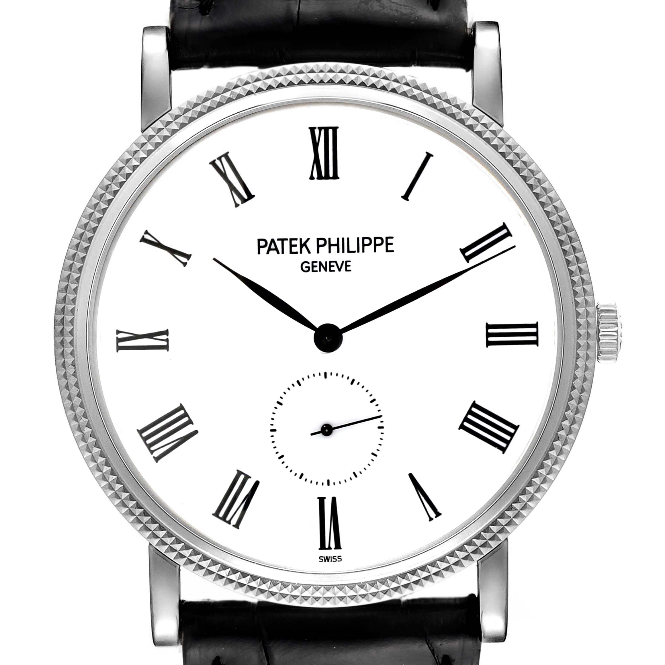 The image shows a front view of the Patek Philippe Calatrava 5119G Men
s White Gold White Dial 5119G Men
s White Gold White Dial watch, highlighting its white dial, Roman numerals, and textured bezel.