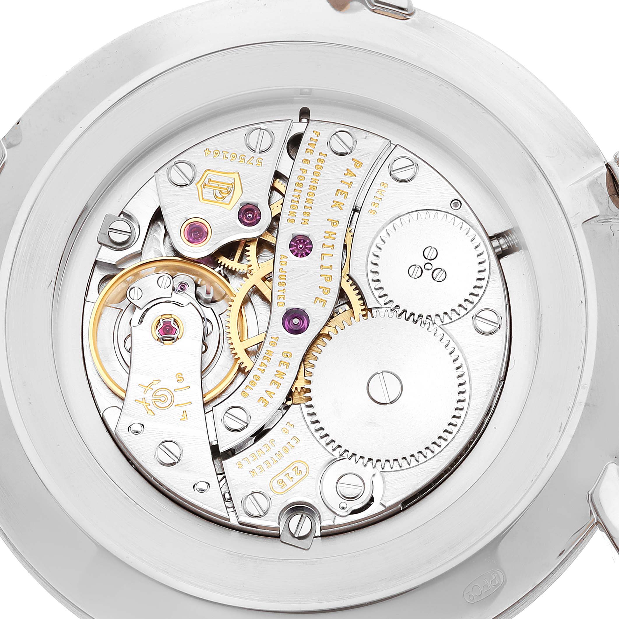 This image shows the detailed view of the movement mechanism of a Patek Philippe Calatrava 5119G Men
s White Gold White Dial 5119G Men
s White Gold White Dial watch.