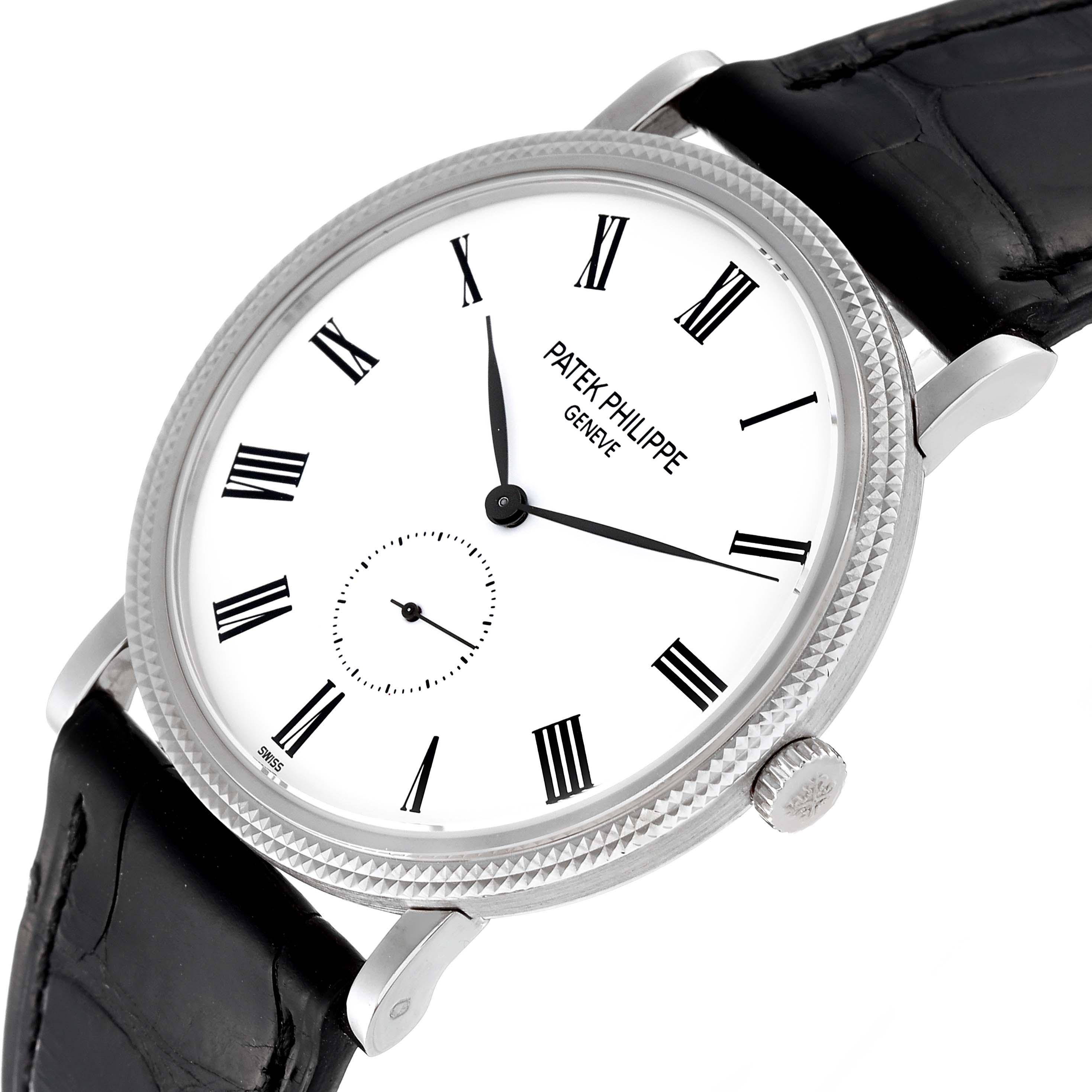 The image shows a frontal view of the Patek Philippe Calatrava 5119G Men
s White Gold White Dial 5119G Men
s White Gold White Dial watch, highlighting its white dial, Roman numerals, and black leather strap.