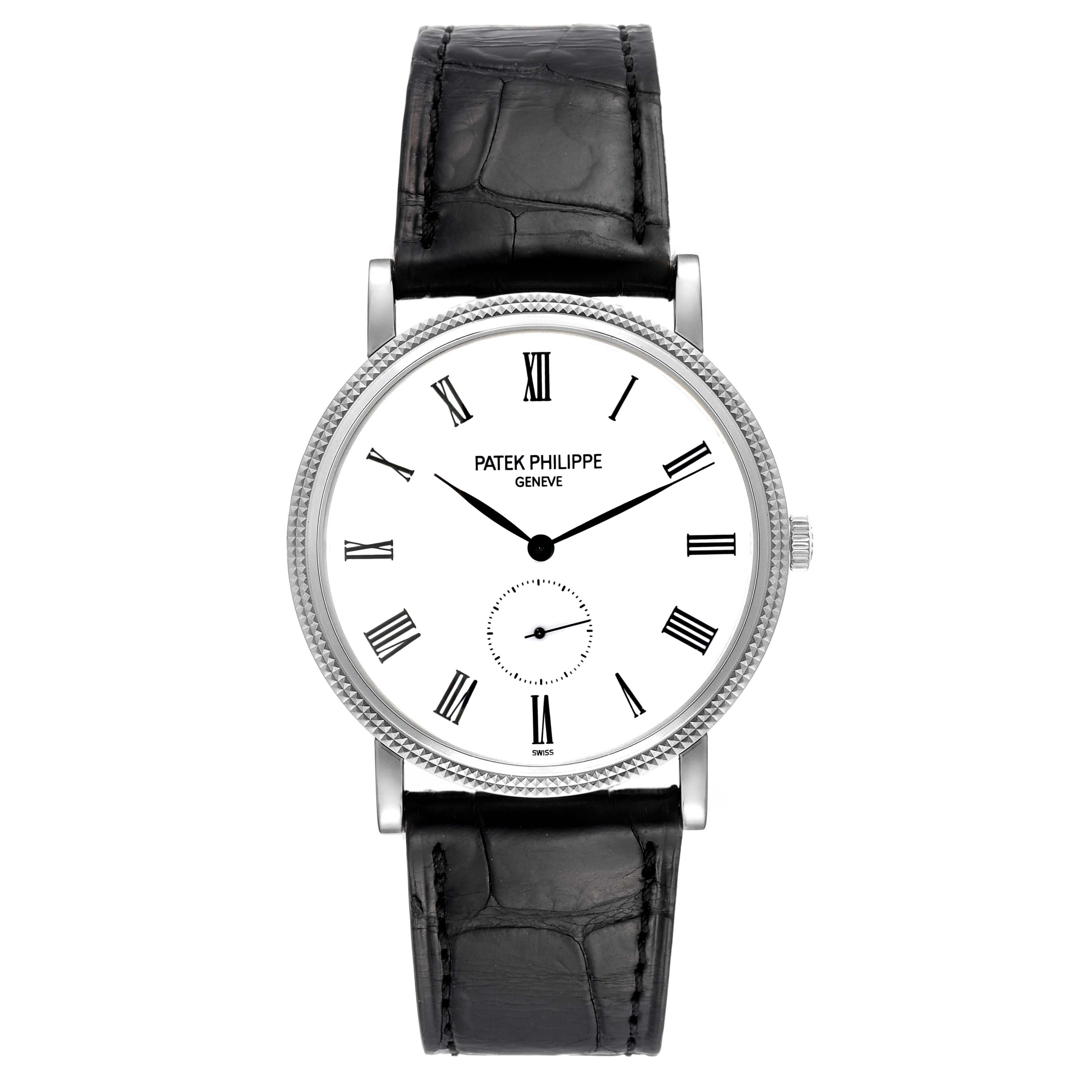 This image shows a front view of the Patek Philippe Calatrava 5119G Men
s White Gold White Dial 5119G Men
s White Gold White Dial watch, displaying the dial, hands, and leather strap.