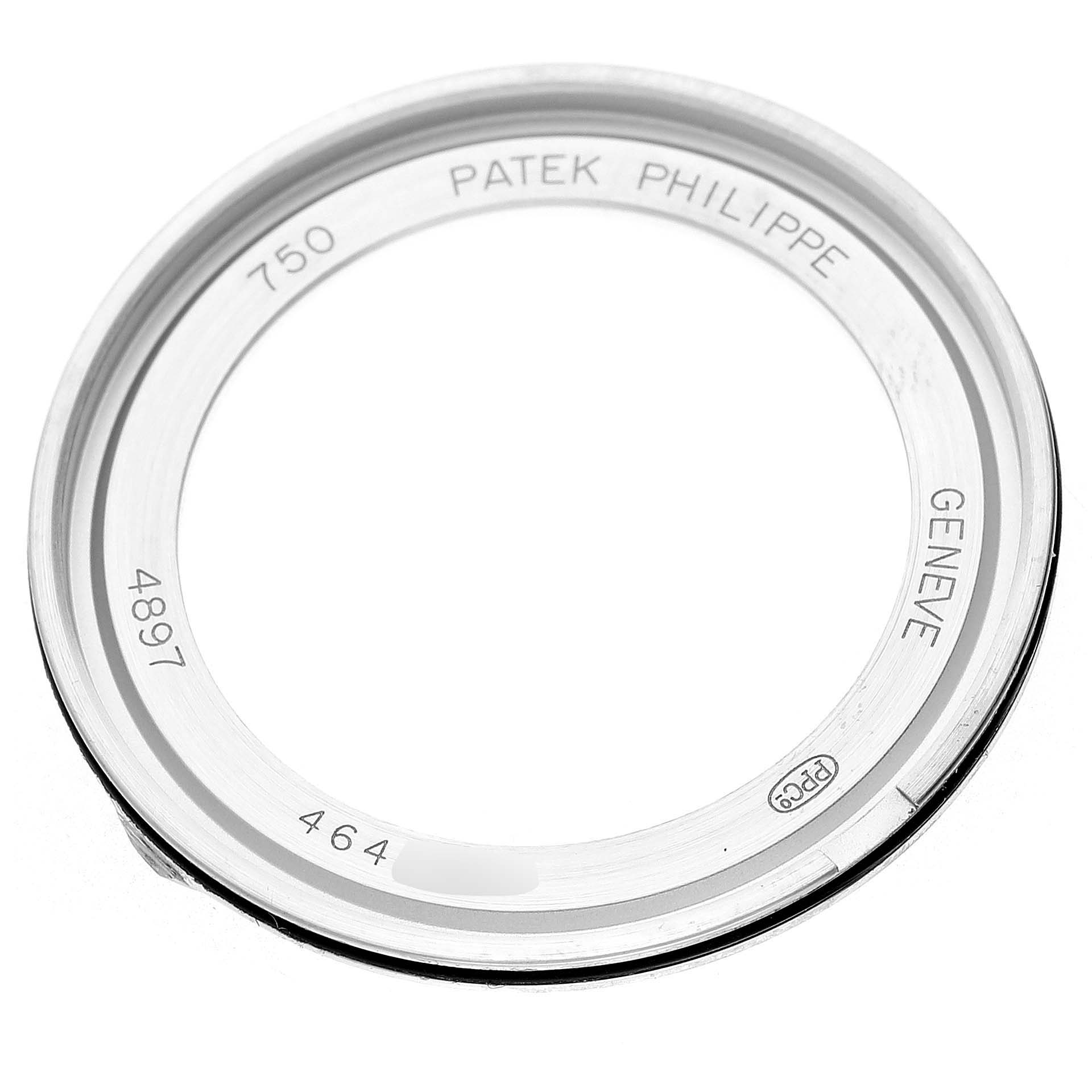 The image shows a top-down view of the case back for a Patek Philippe Calatrava 4897G-001 Women's White Gold Blue Dial watch.