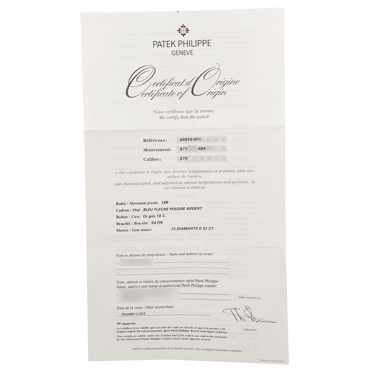 The image shows a Patek Philippe Calatrava 4897G-001 Women's White Gold Blue Dial Certificate of Origin, displaying model and movement details.