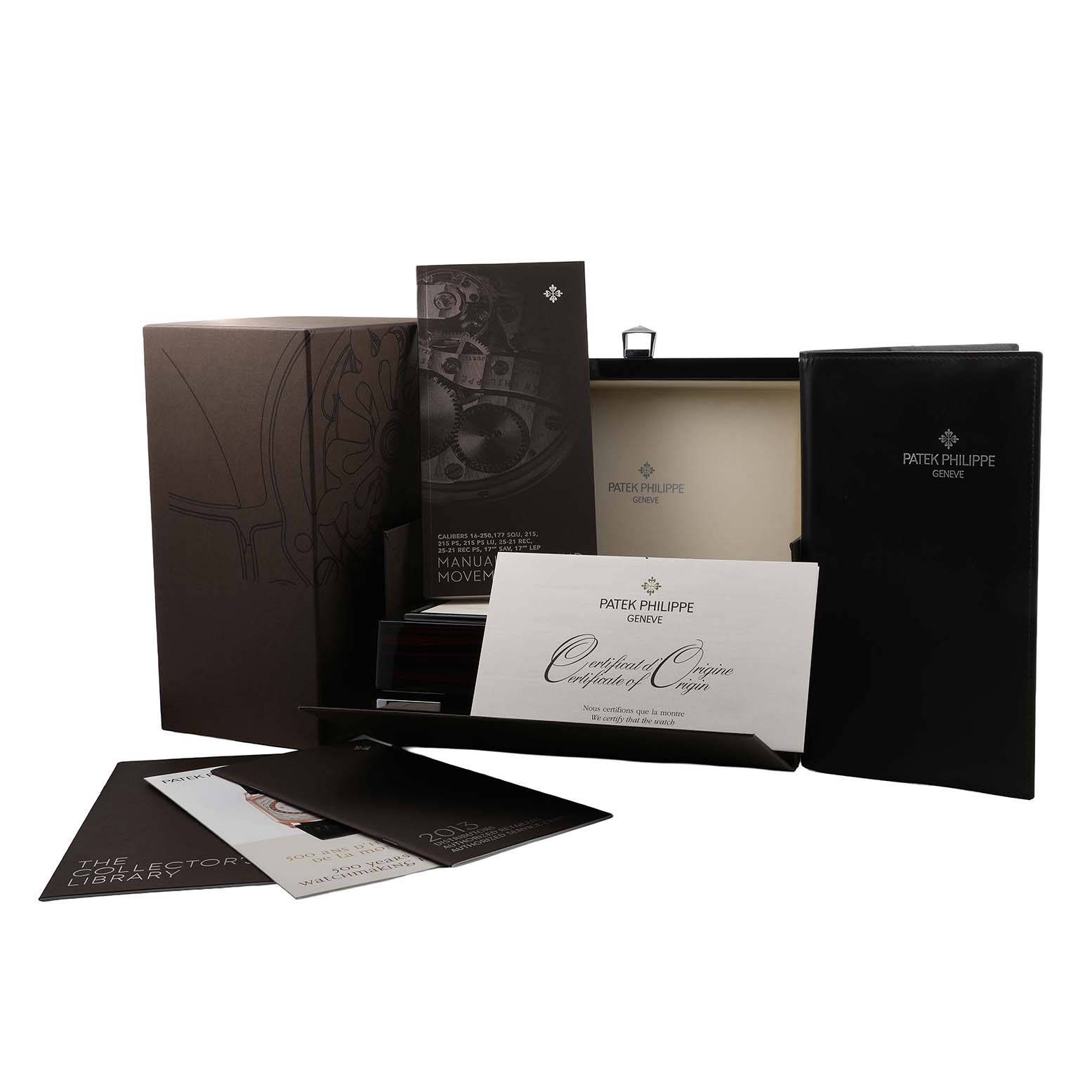 The image shows packaging and documents for a Patek Philippe Calatrava 4897G-001 Women's White Gold Blue Dial watch, including boxes and a certificate.