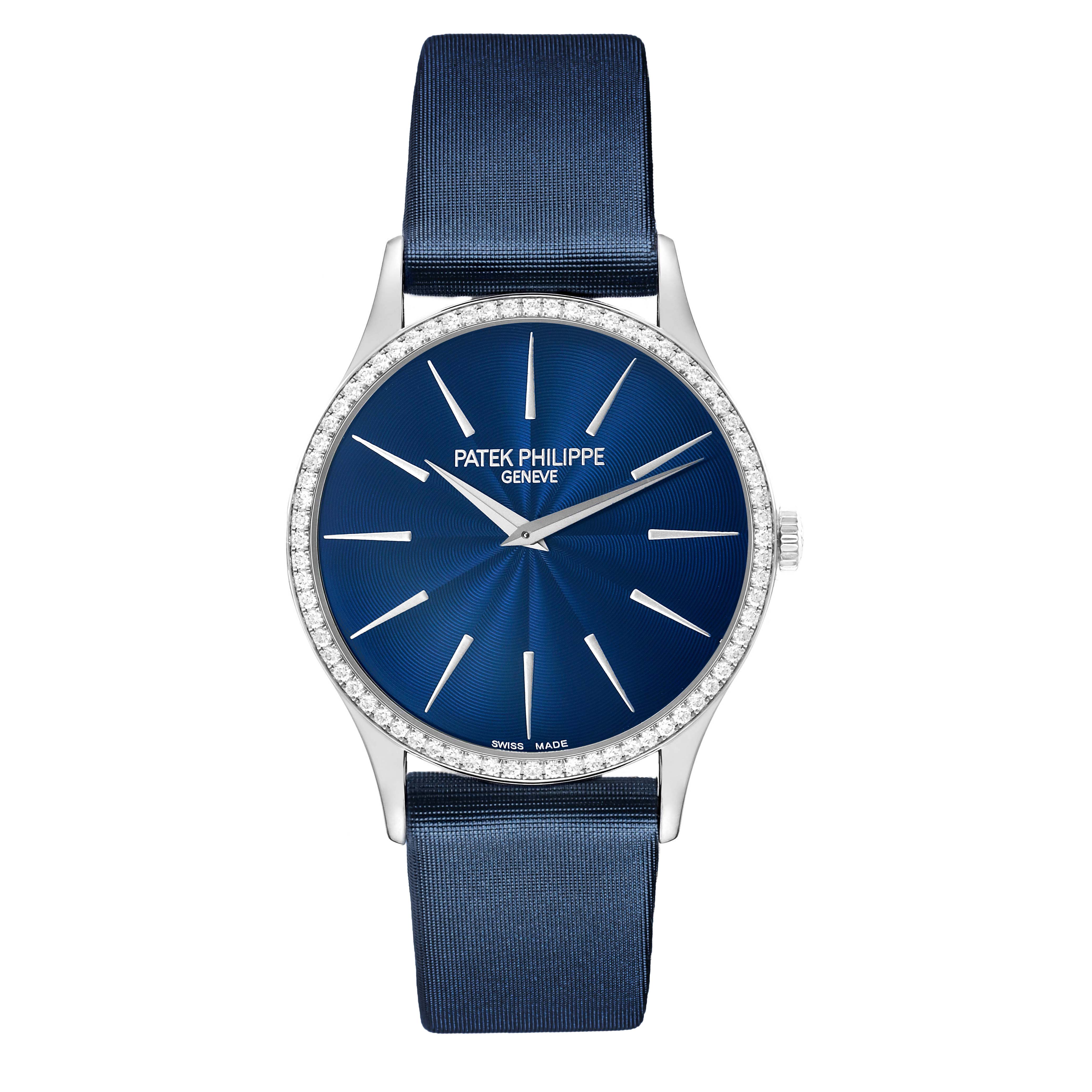 The Patek Philippe Calatrava 4897G-001 Women's White Gold Blue Dial watch is shown from a front angle, highlighting its blue dial, diamond-set bezel, and blue strap.