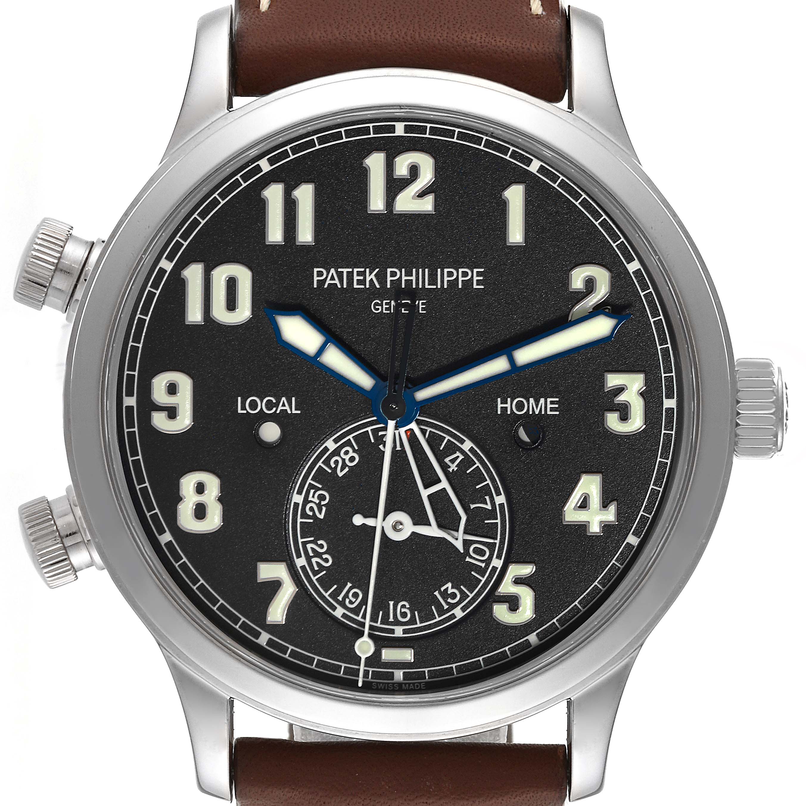 The image shows a front view of the Calatrava model by Patek Philippe, highlighting the dial, hands, crown, and pushers.