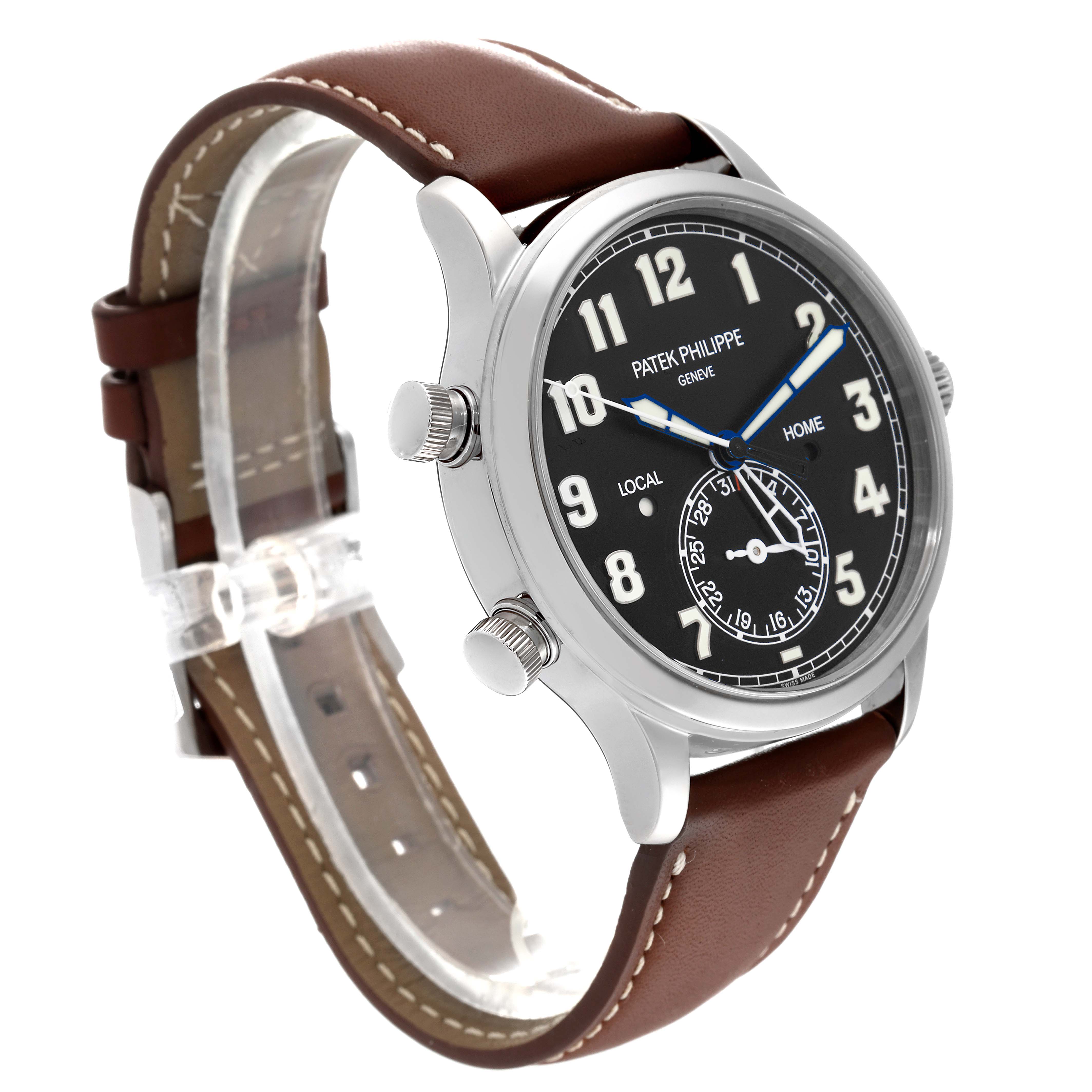 The image shows a side angle view of a Patek Philippe Calatrava 5524G-001 Men's White Gold Black Dial 5524G-001 Men's White Gold Black Dial watch, featuring its face, crown, and brown leather strap.