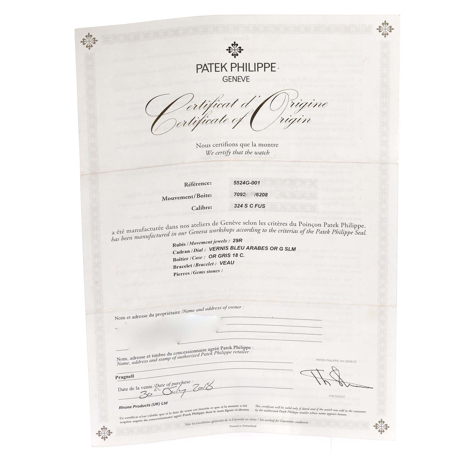 The image shows a Certificate of Origin for a Calatrava model by Patek Philippe.