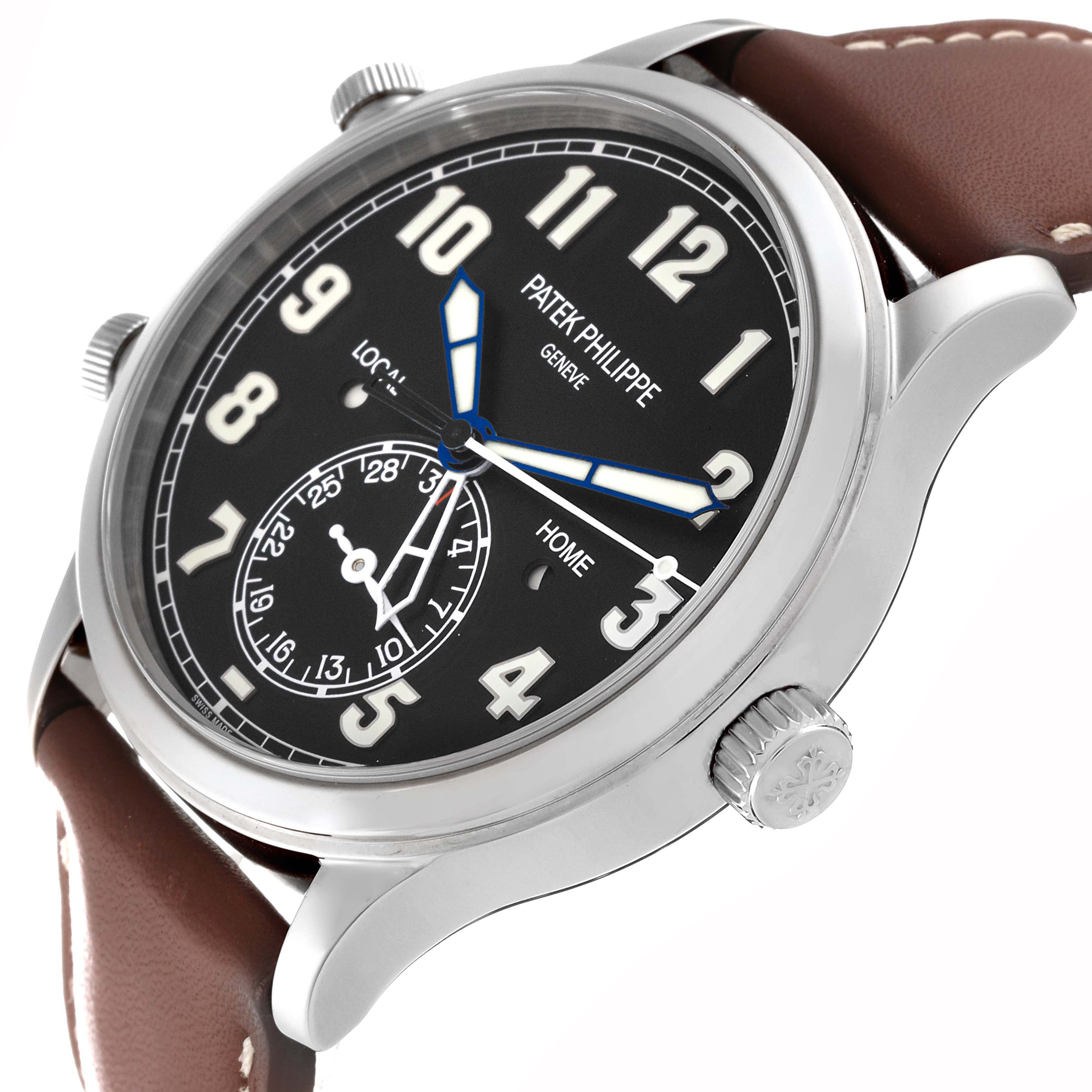 The image shows a close-up, angled view of a Patek Philippe Calatrava 5524G-001 Men's White Gold Black Dial 5524G-001 Men's White Gold Black Dial watch, highlighting the dial, crown, and brown leather strap.