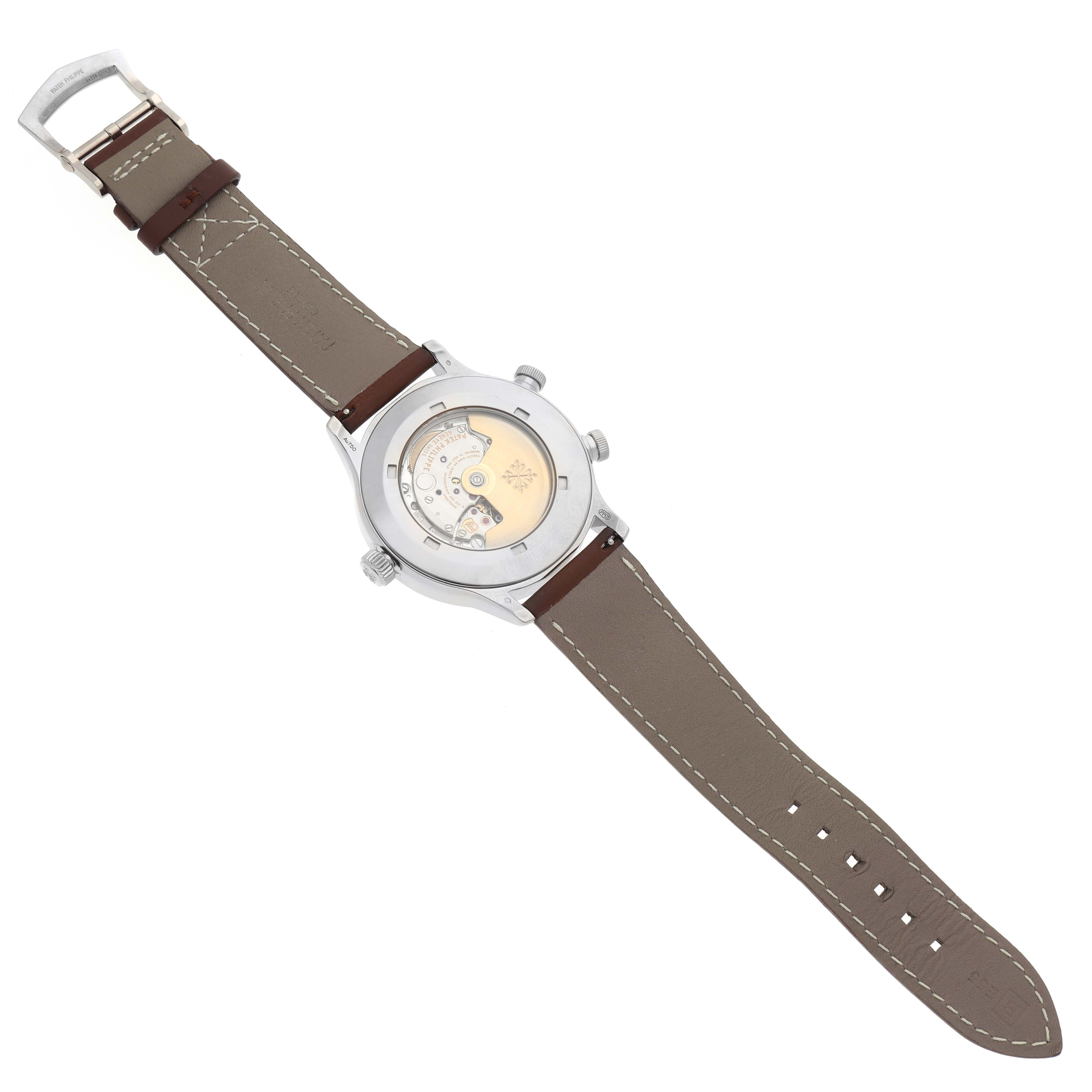 This image shows the back of the Calatrava model by Patek Philippe, highlighting the movement and leather strap.