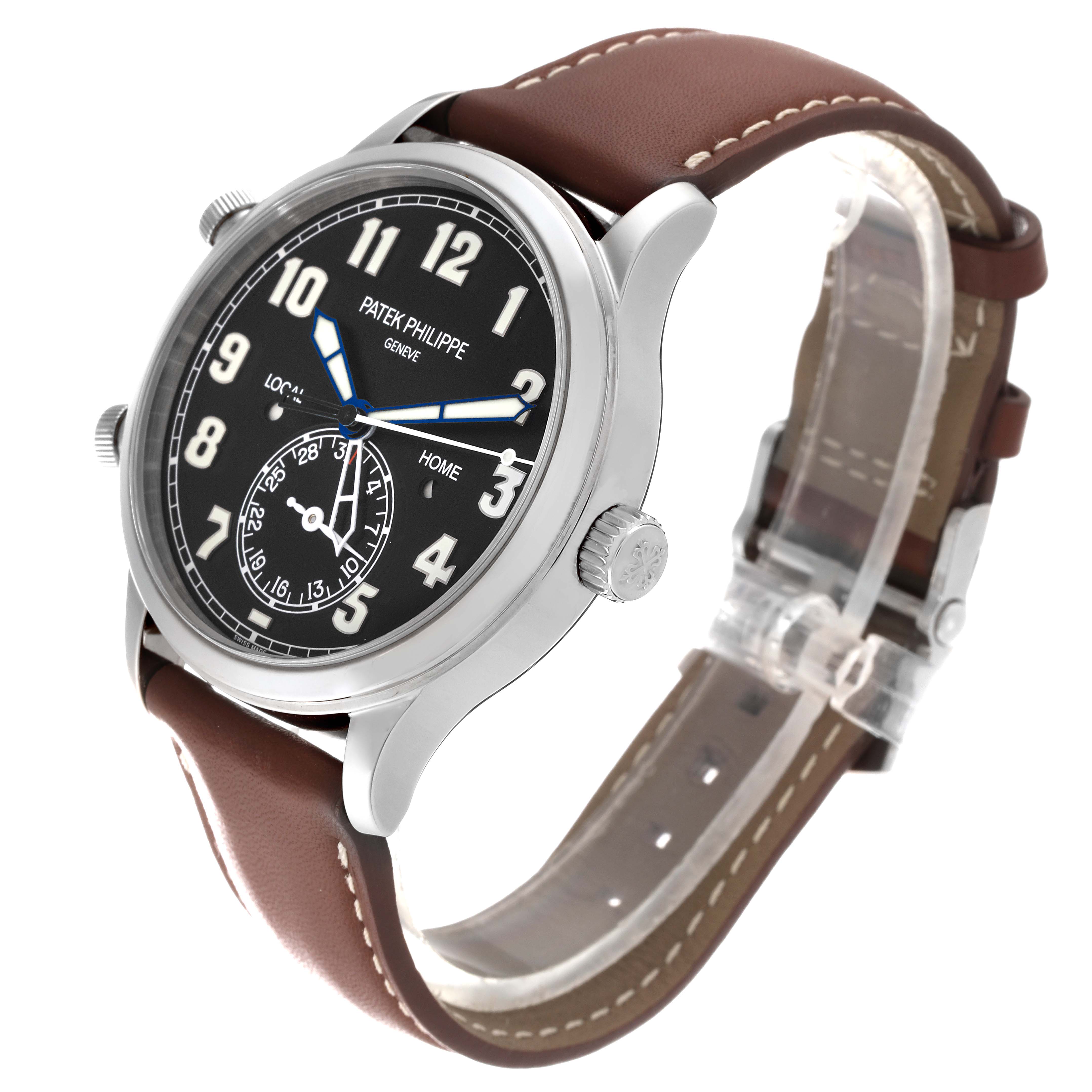 The image shows a Patek Philippe Calatrava 5524G-001 Men's White Gold Black Dial 5524G-001 Men's White Gold Black Dial watch at a three-quarter angle, highlighting the watch face, side crown, and brown leather strap.