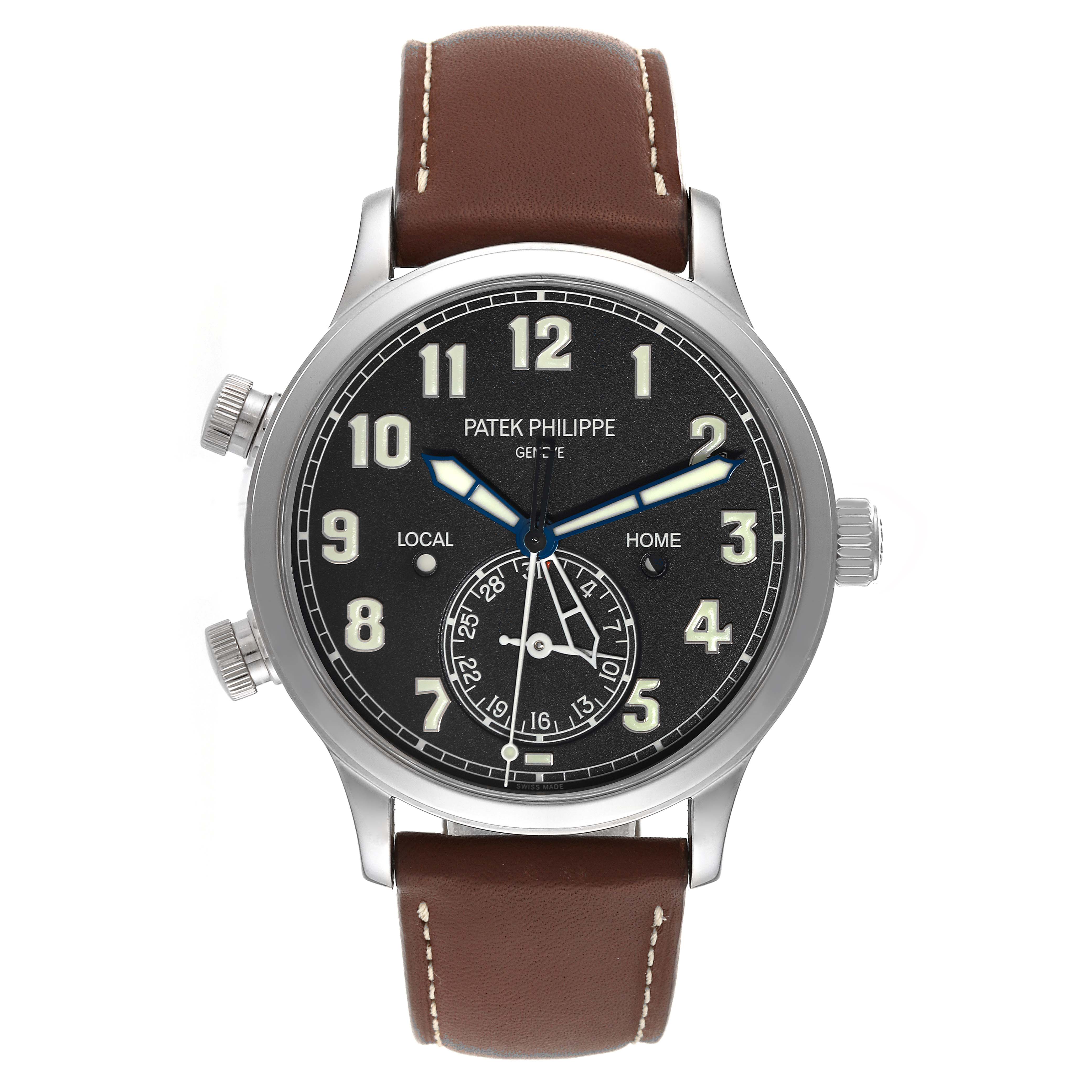 The image shows a front view of a Patek Philippe Calatrava 5524G-001 Men's White Gold Black Dial 5524G-001 Men's White Gold Black Dial watch, highlighting its dial, case, and leather strap.