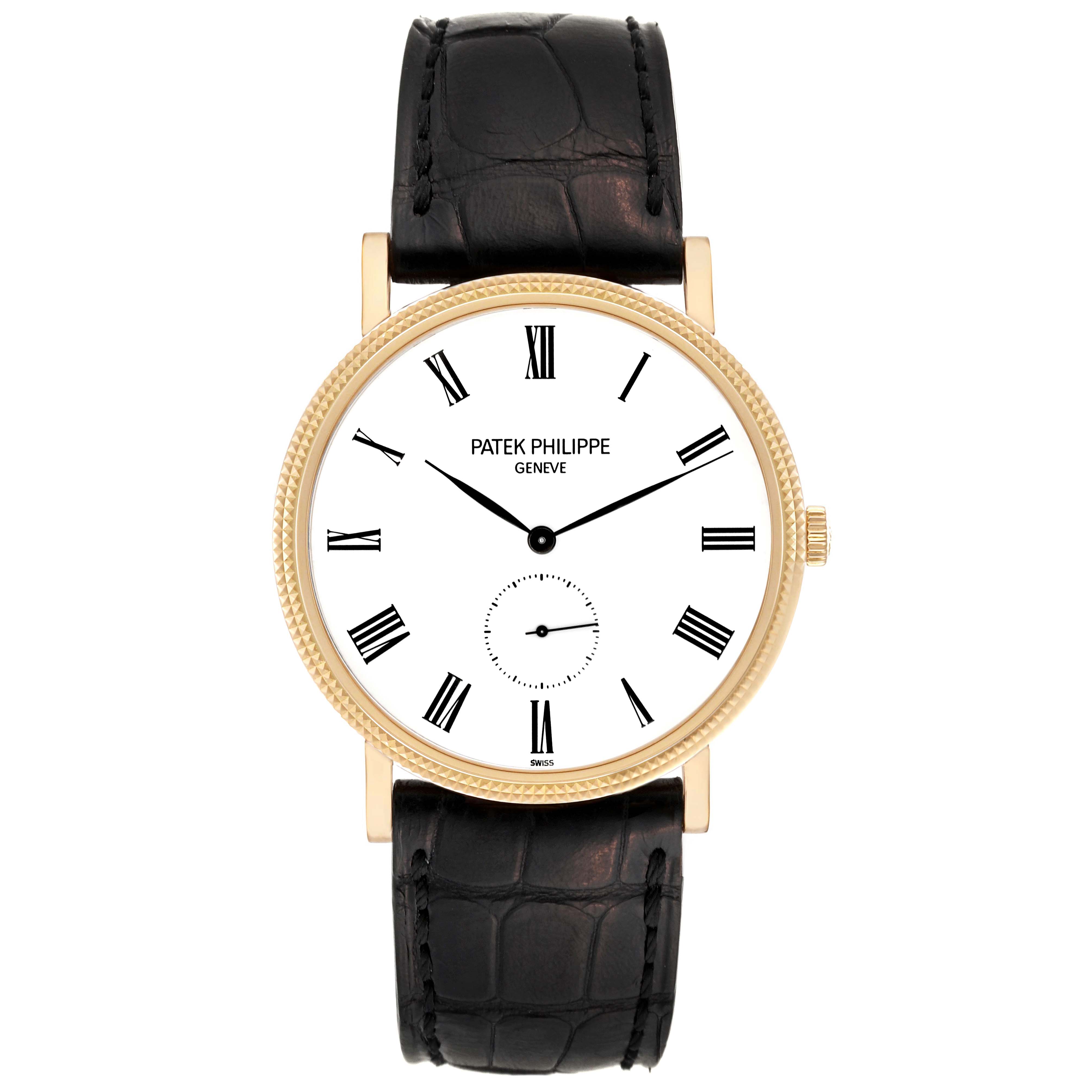 This is a front view of a Patek Philippe Calatrava 5119J Men's Yellow Gold White Dial 5119J Men's Yellow Gold White Dial watch, showing the dial, hands, crown, and leather strap.