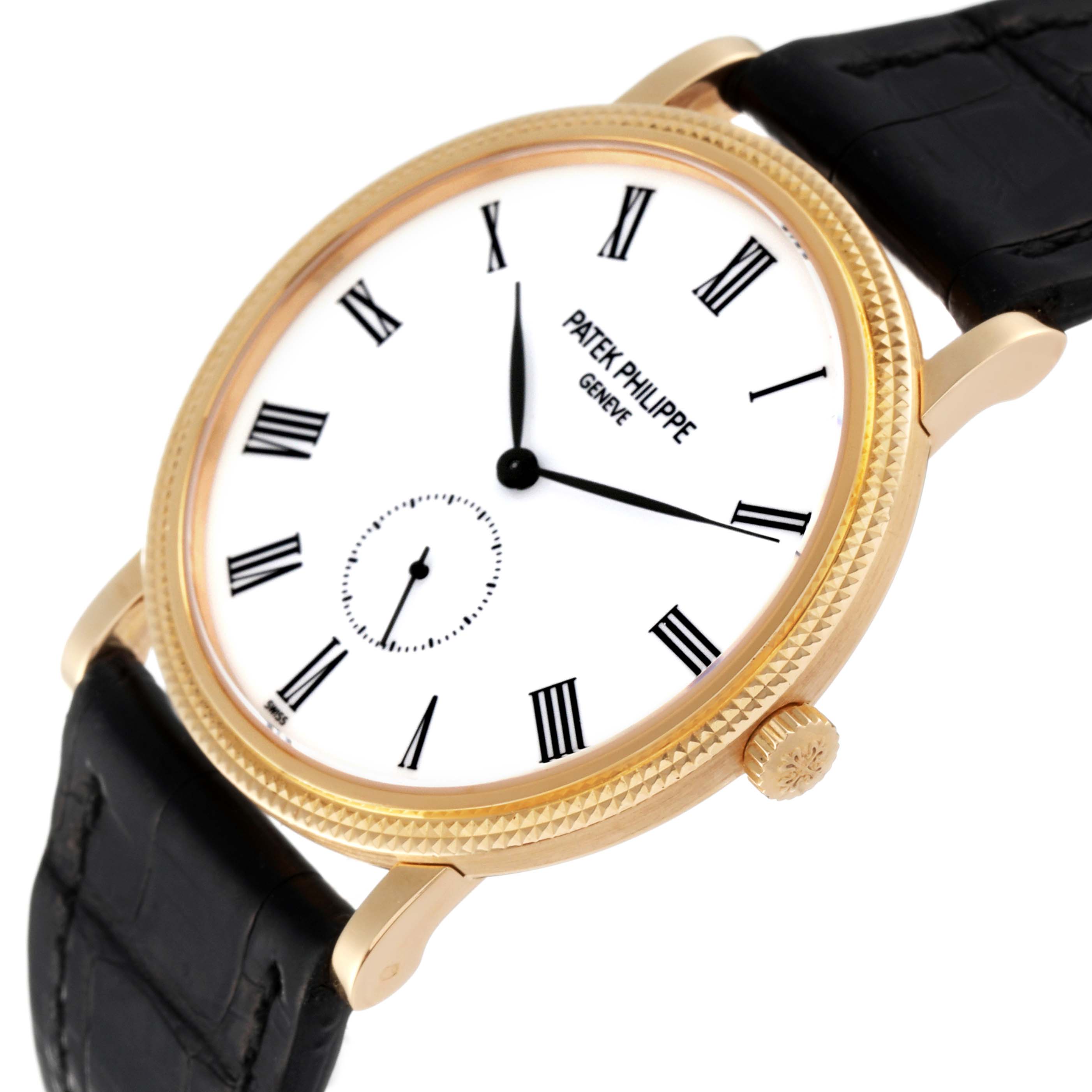 The Patek Philippe Calatrava 5119J Men
s White Gold White Dial 5119J Men
s White Gold White Dial watch is shown at a slight angle, highlighting its face, crown, lugs, and black leather strap.