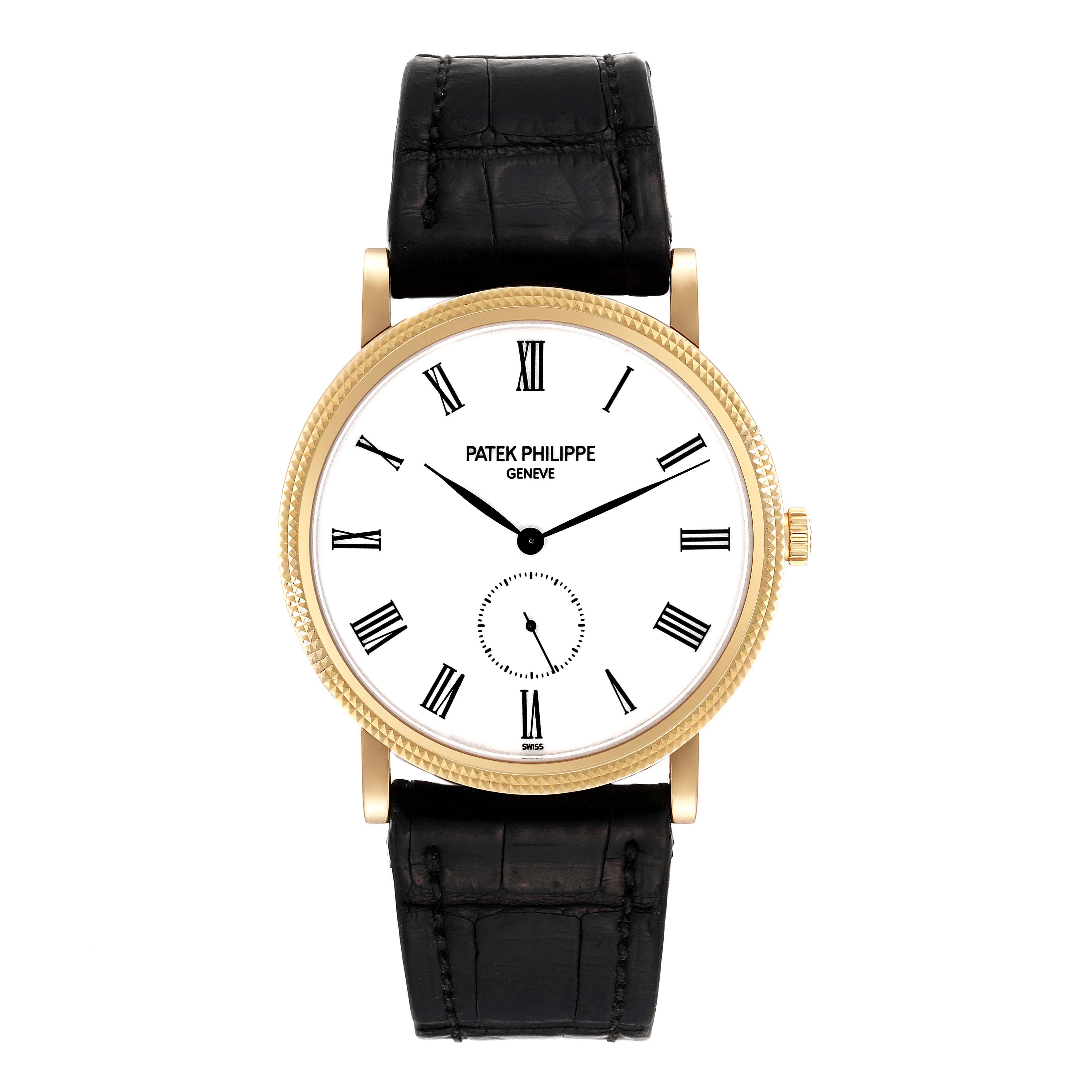 This Patek Philippe Calatrava 5119J Men
s White Gold White Dial 5119J Men
s White Gold White Dial watch is shown from a top-down angle, highlighting the dial, case, and leather strap.