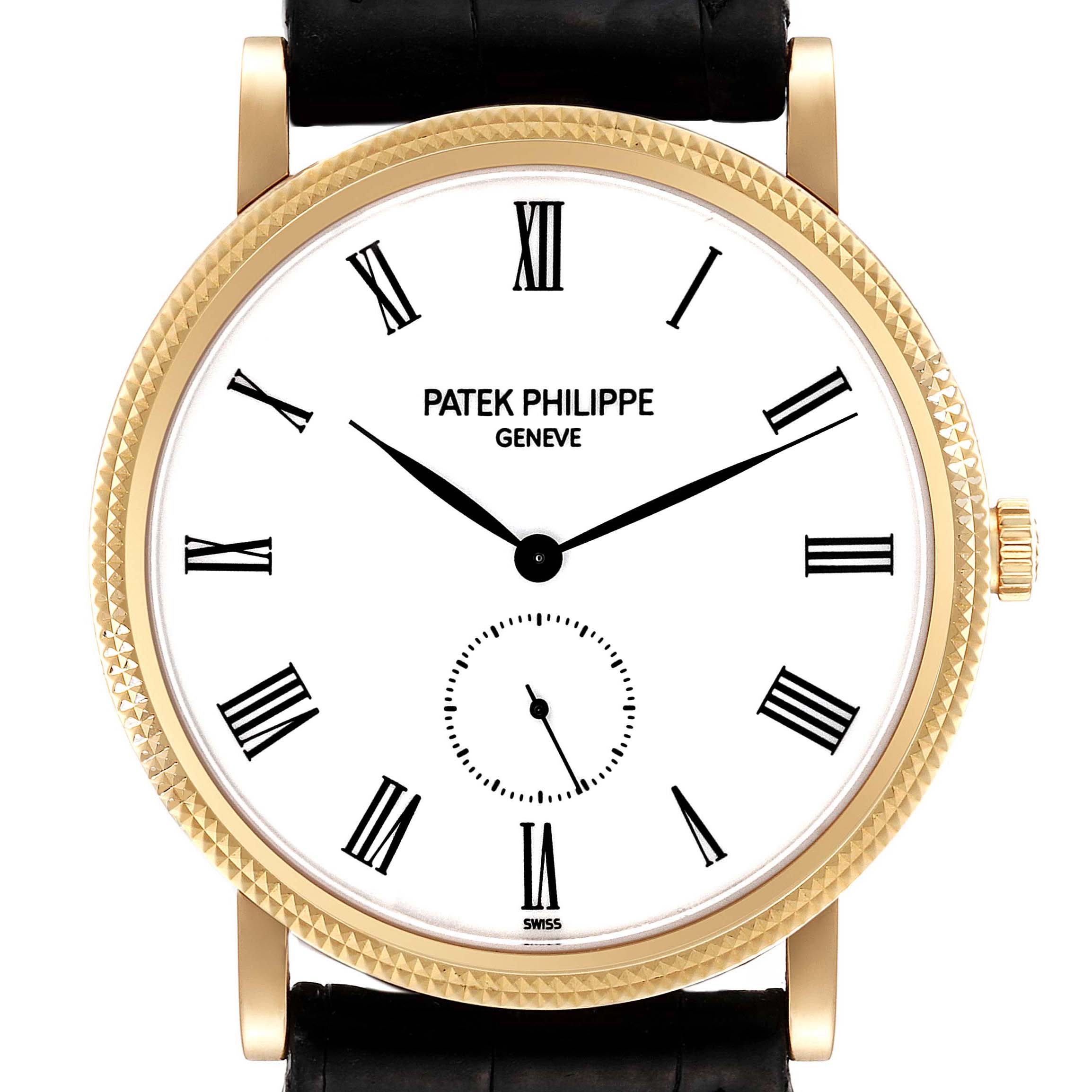 This image shows a front view of the Patek Philippe Calatrava 5119J Men
s White Gold White Dial 5119J Men
s White Gold White Dial watch, displaying its dial, hands, and part of the strap.