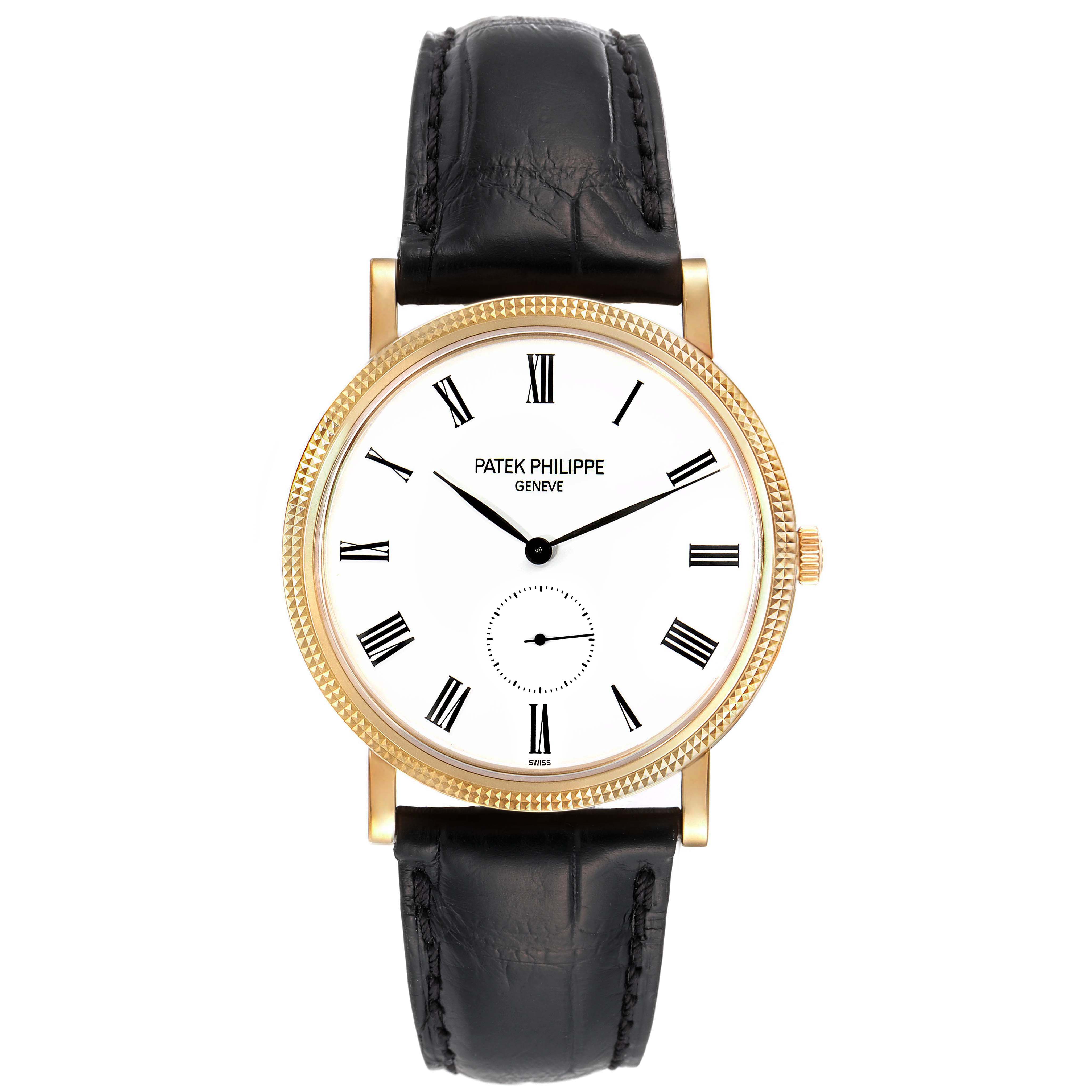 This is a front view of the Patek Philippe Calatrava 5119J Men's Yellow Gold White Dial 5119J Men's Yellow Gold White Dial watch, displaying its face, gold case, and black leather strap.