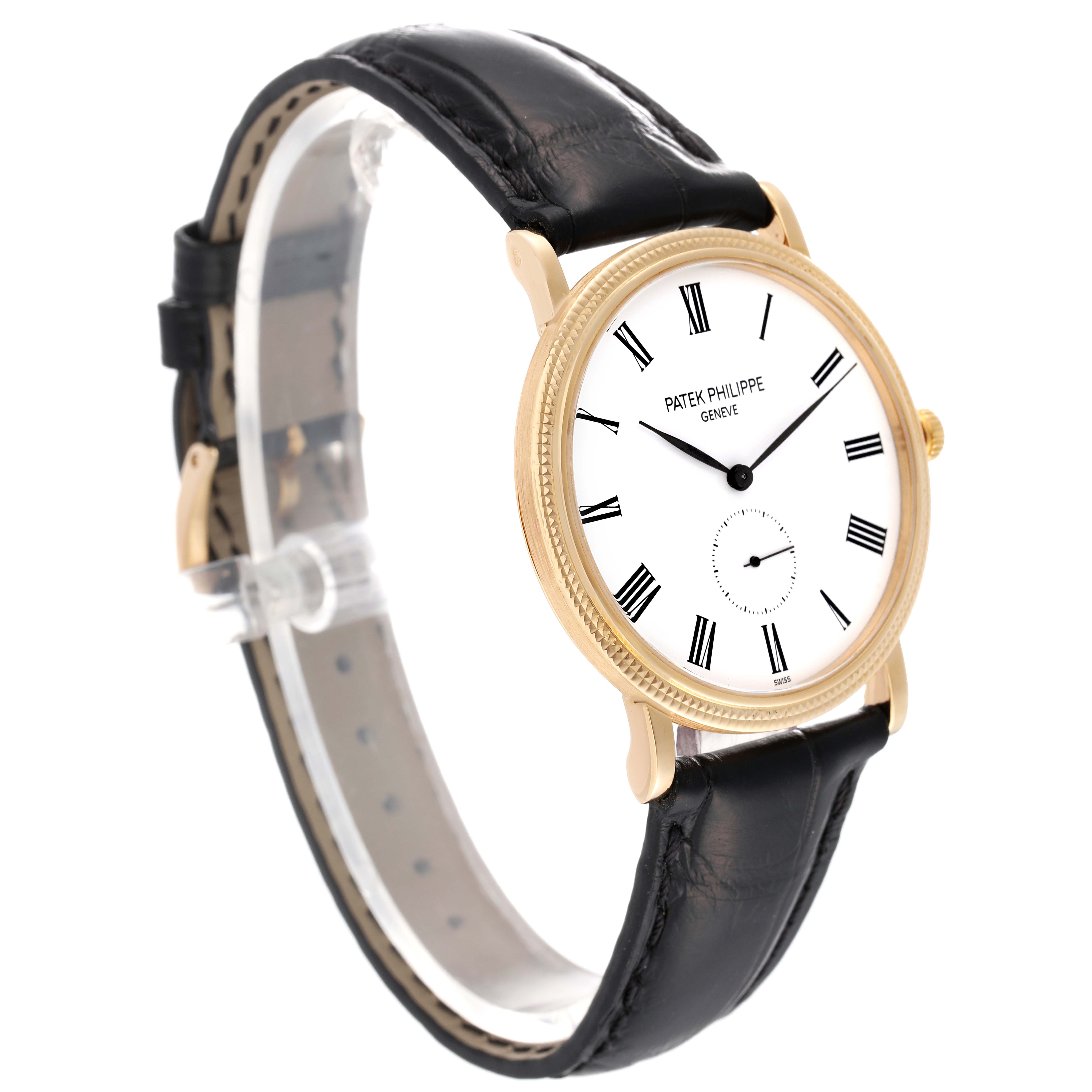 The image shows a Patek Philippe Calatrava 5119J Men's Yellow Gold White Dial 5119J Men's Yellow Gold White Dial watch at a three-quarter angle displaying its face, dial, and black leather strap.