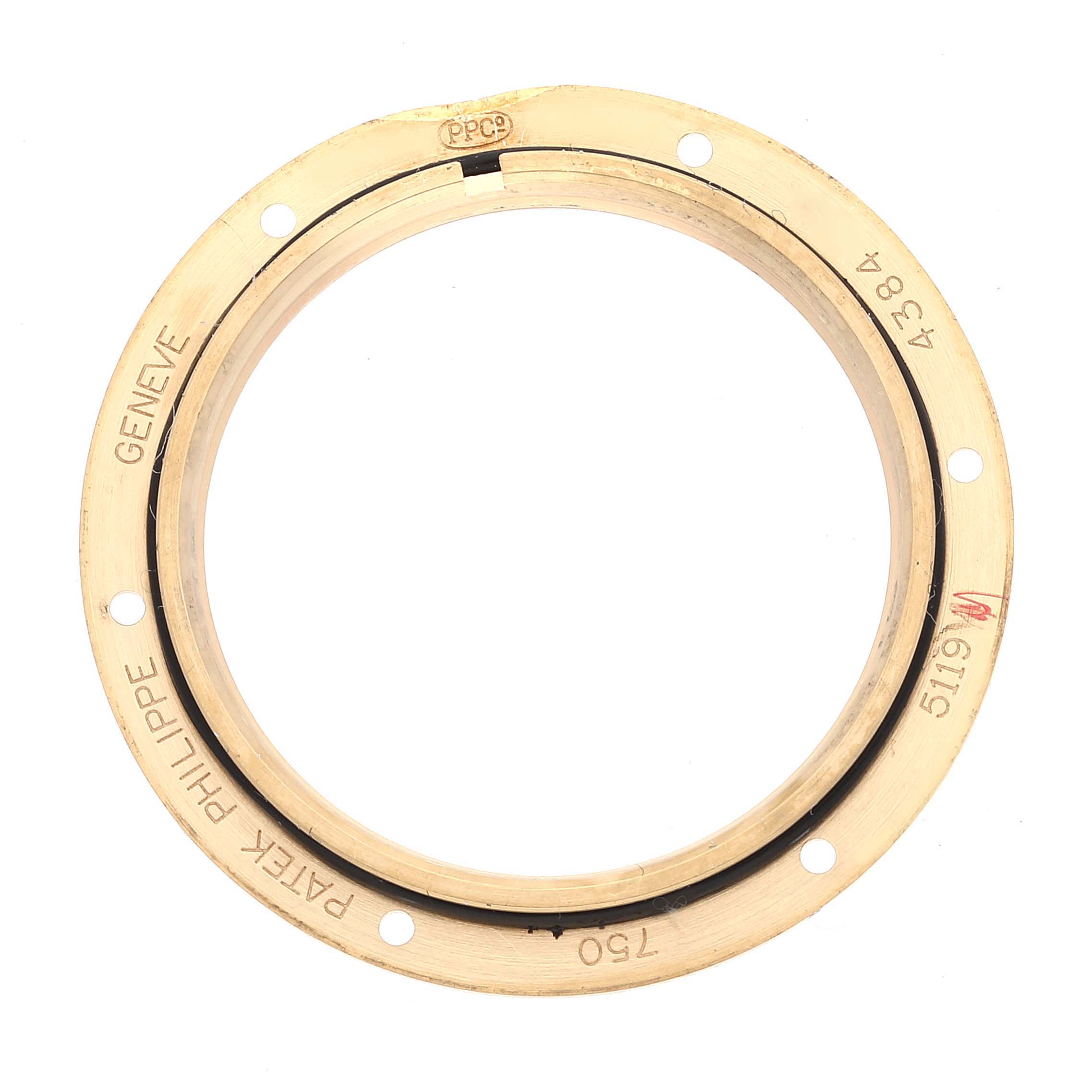 The image shows the bezel of a Patek Philippe Calatrava 5119J Men's Yellow Gold White Dial 5119J Men's Yellow Gold White Dial model watch, viewed from a top-down angle.