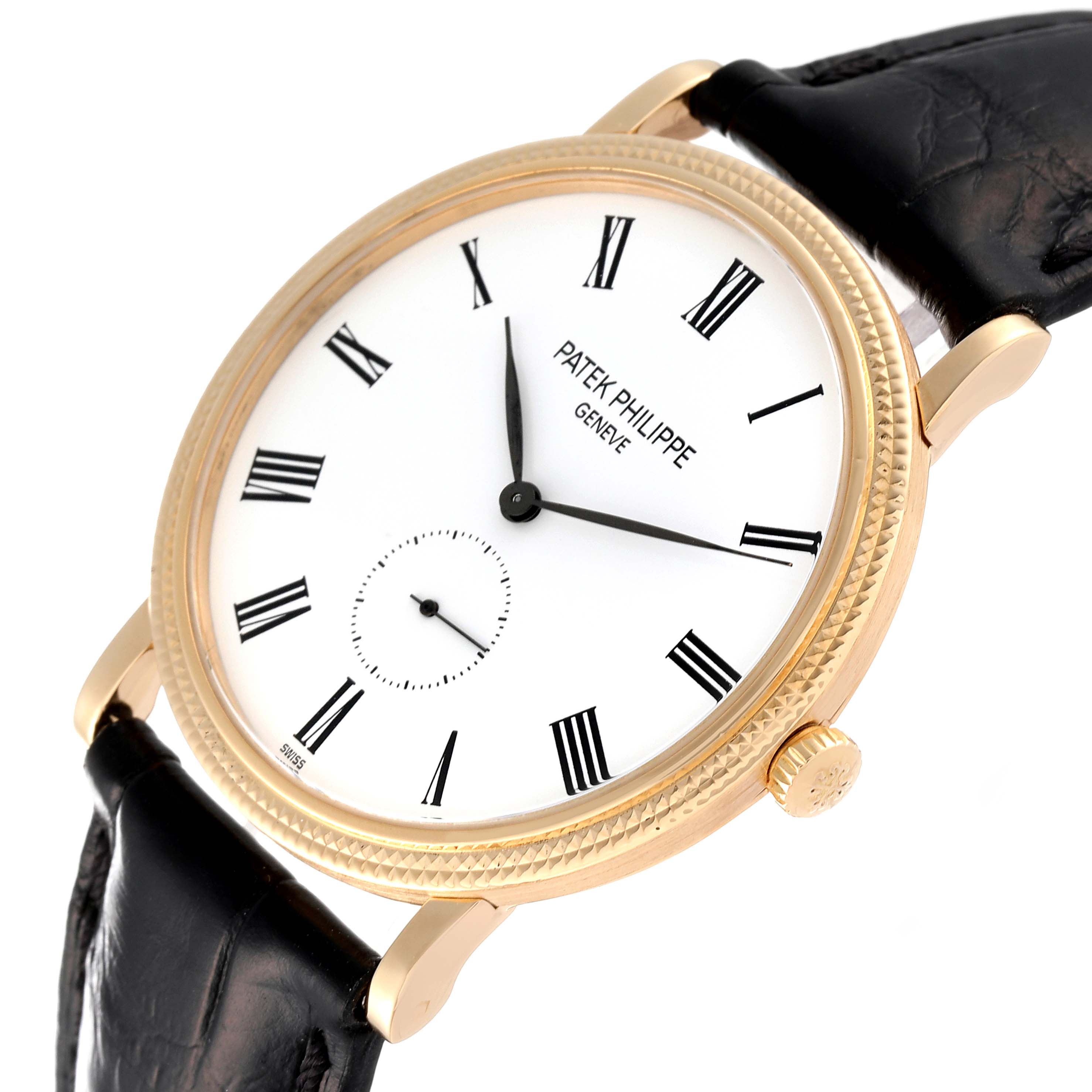 The image shows a close-up, angled view of the Patek Philippe Calatrava 5119J Men's Yellow Gold White Dial 5119J Men's Yellow Gold White Dial watch, displaying its dial, case, crown, and leather strap.