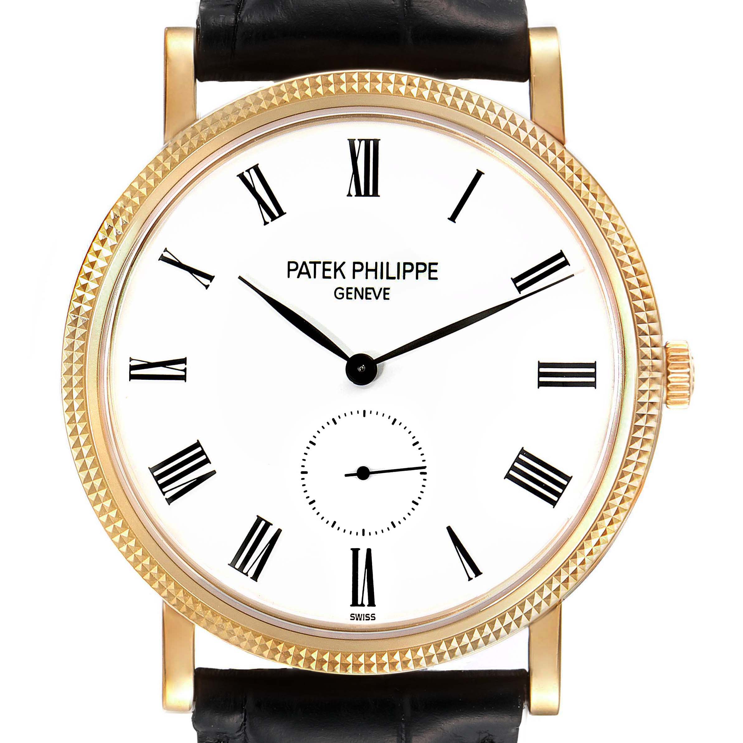 This image shows a frontal view of the Patek Philippe Calatrava 5119J Men's Yellow Gold White Dial 5119J Men's Yellow Gold White Dial watch, highlighting its dial, hands, and crown.