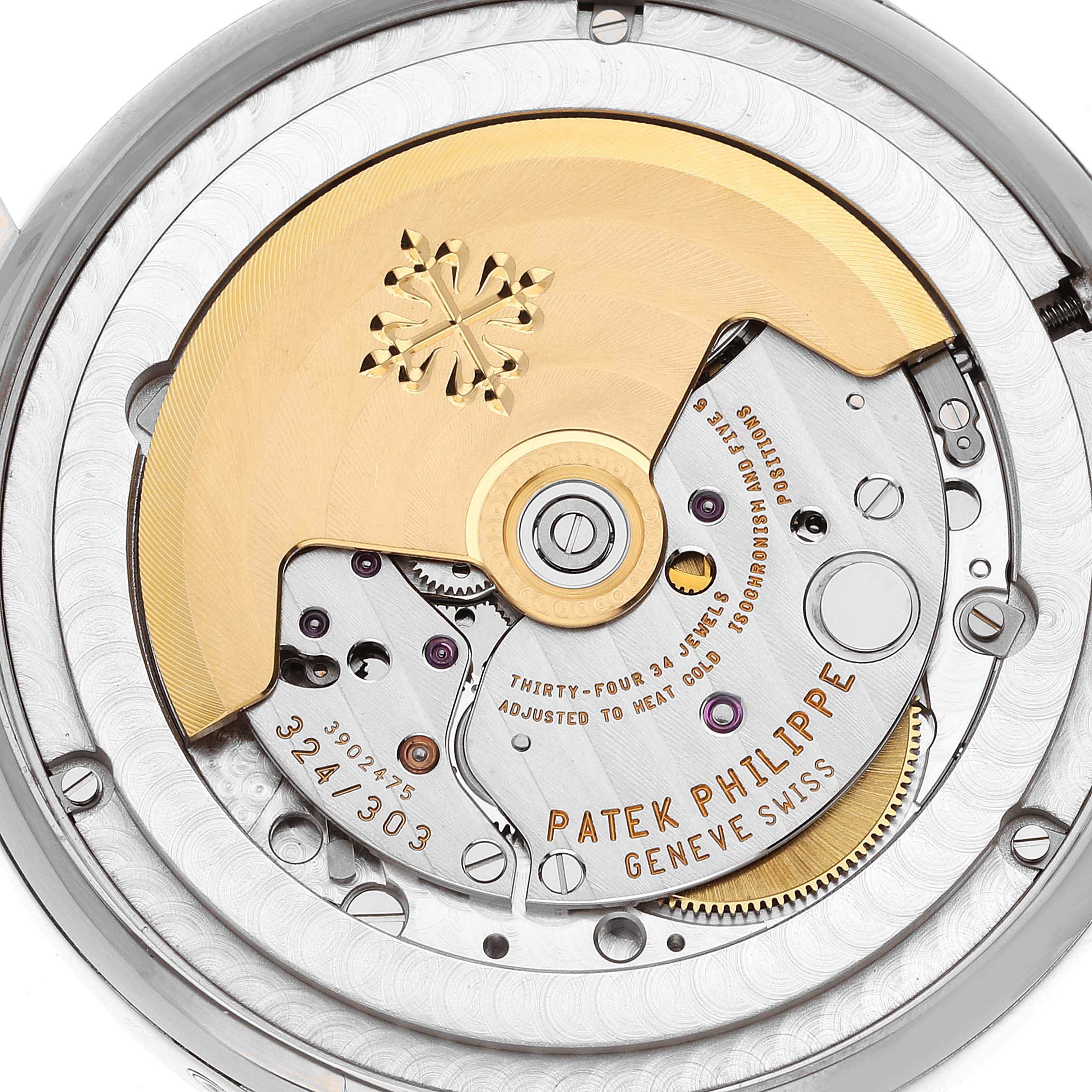 The close-up image depicts the intricate movement mechanism of a Patek Philippe Complications 5396G Men's White Gold Silver Dial 5396G Men's White Gold Silver Dial watch.