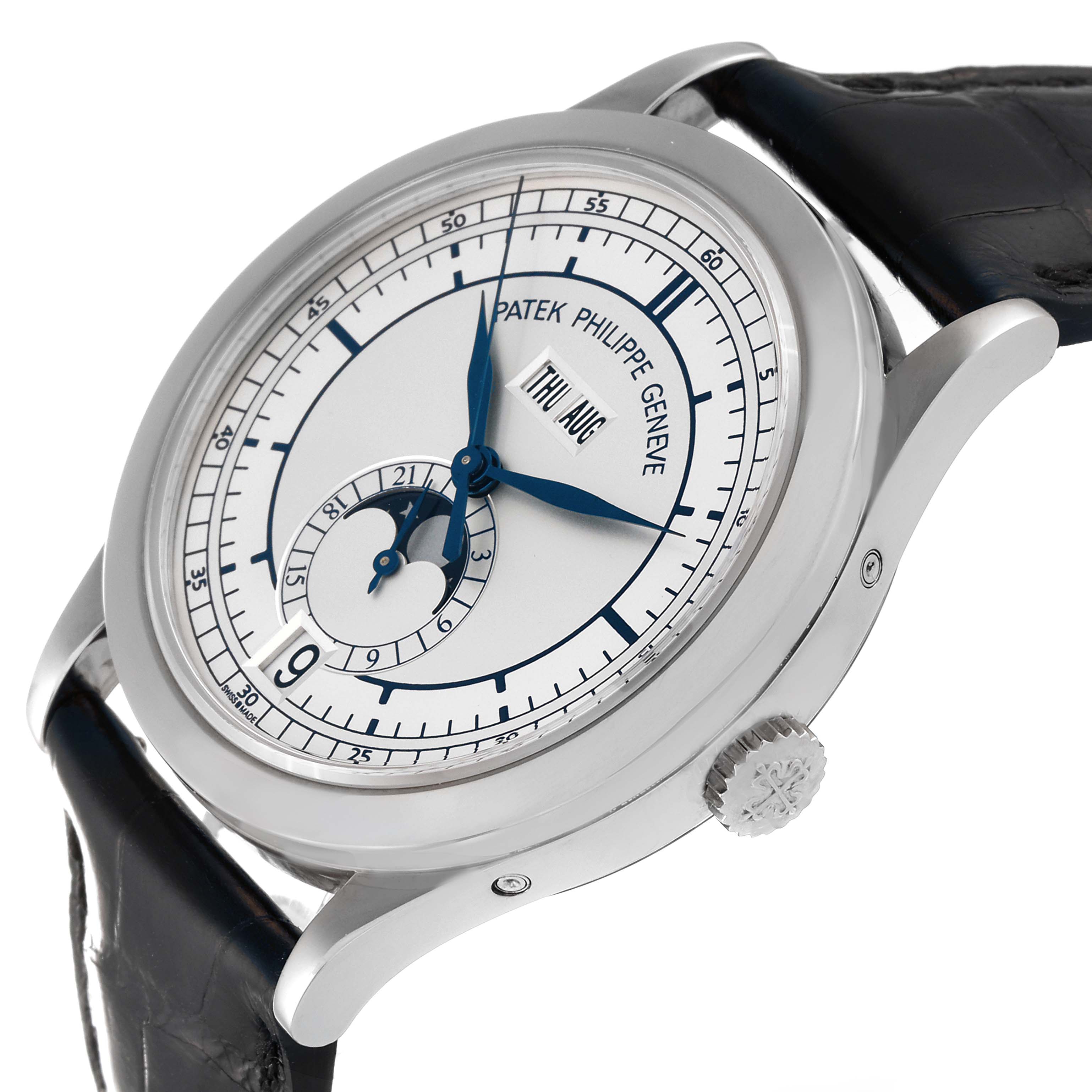 This image shows a side angle view of the Patek Philippe Complications 5396G Men's White Gold Silver Dial 5396G Men's White Gold Silver Dial watch, highlighting its dial, case, crown, and leather strap.