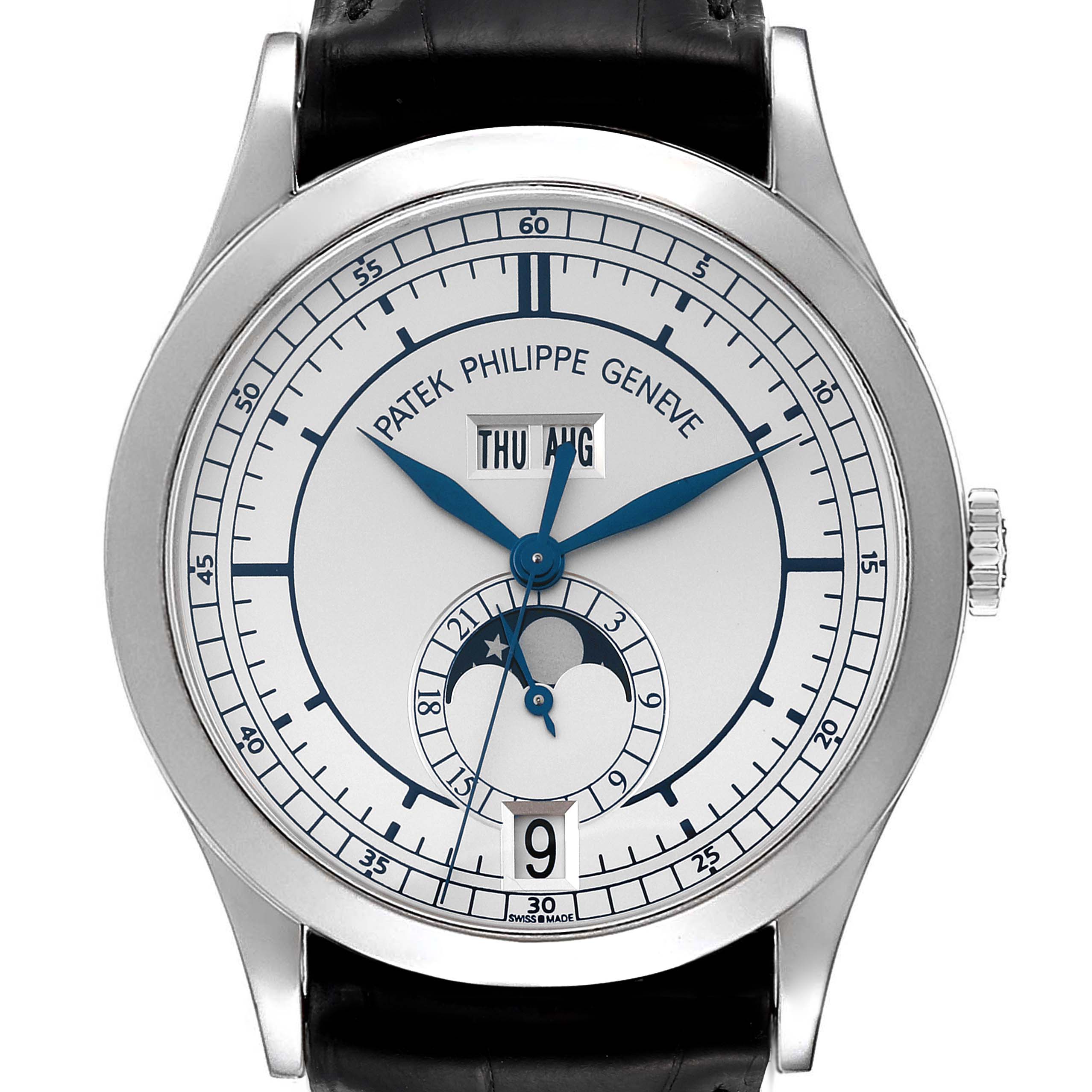This image shows a front view of the Patek Philippe Complications 5396G Men's White Gold Silver Dial 5396G Men's White Gold Silver Dial watch with calendar and moon phase features.