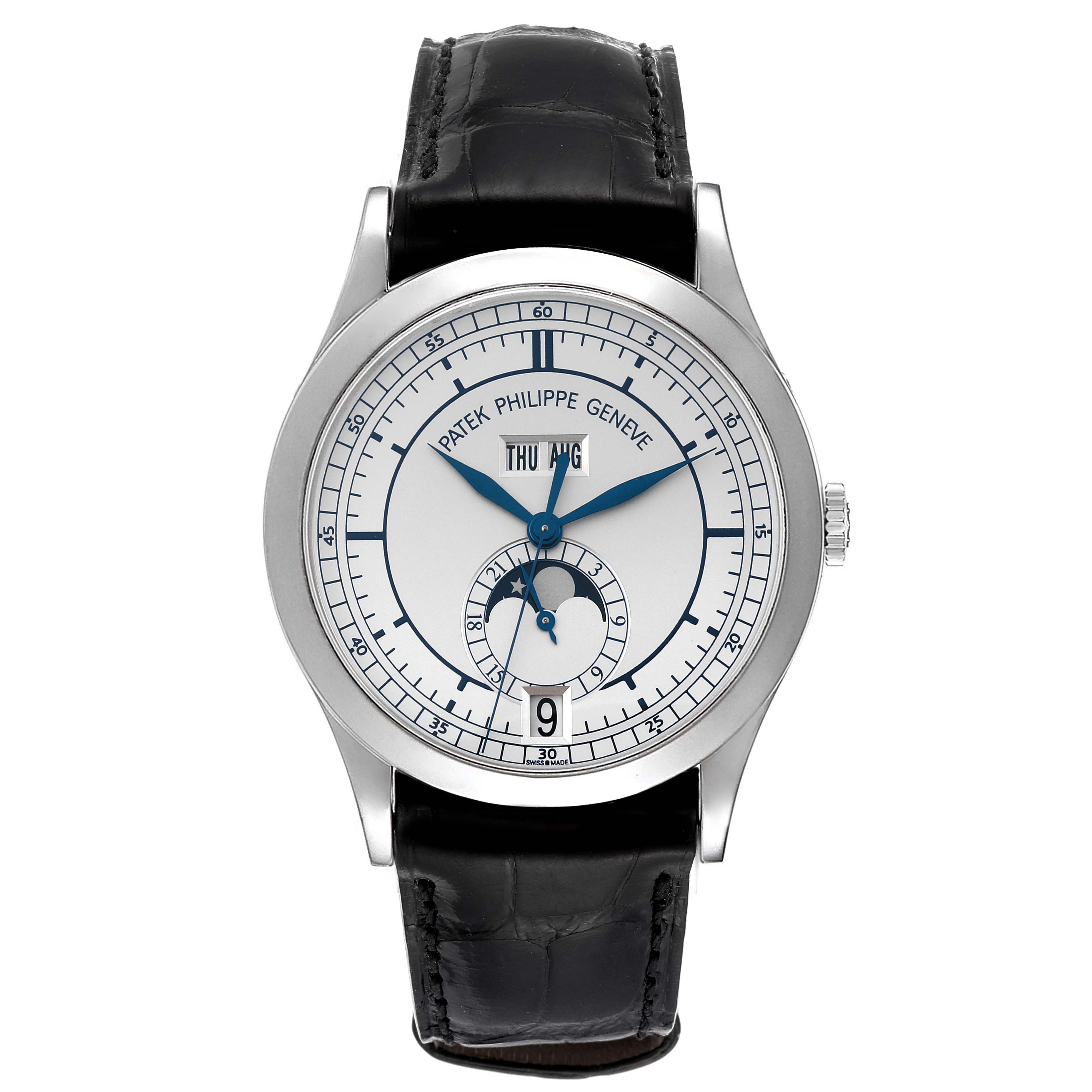 The image shows a frontal view of the Patek Philippe Complications 5396G Men's White Gold Silver Dial 5396G Men's White Gold Silver Dial watch, highlighting its face, hands, and leather strap.