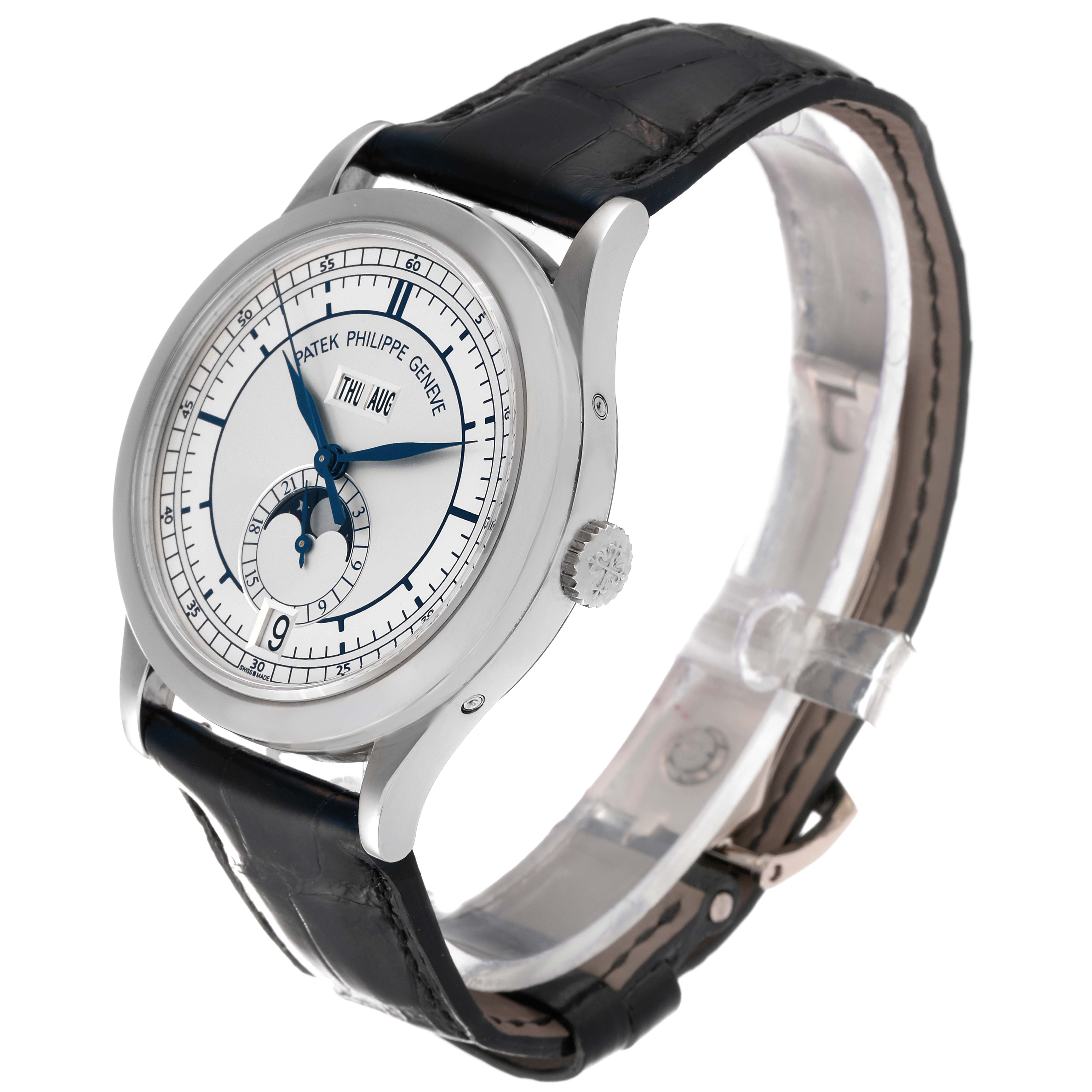 This image shows a side angle view of the Patek Philippe Complications 5396G Men's White Gold Silver Dial 5396G Men's White Gold Silver Dial model, highlighting the watch face, hands, bezel, and black leather strap.