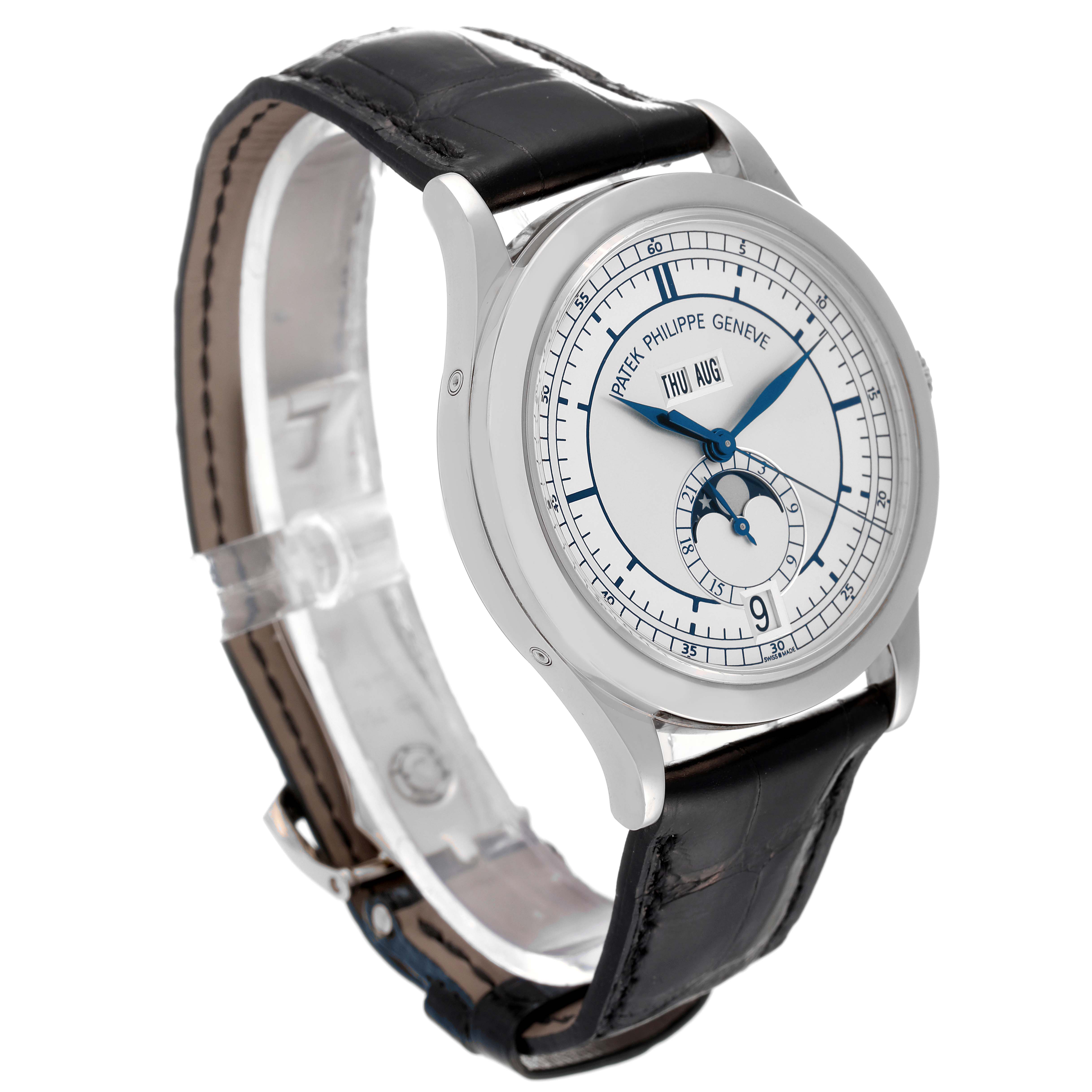 The Patek Philippe Complications 5396G Men's White Gold Silver Dial 5396G Men's White Gold Silver Dial model is shown at an angle highlighting its face, side profile, and black leather strap.