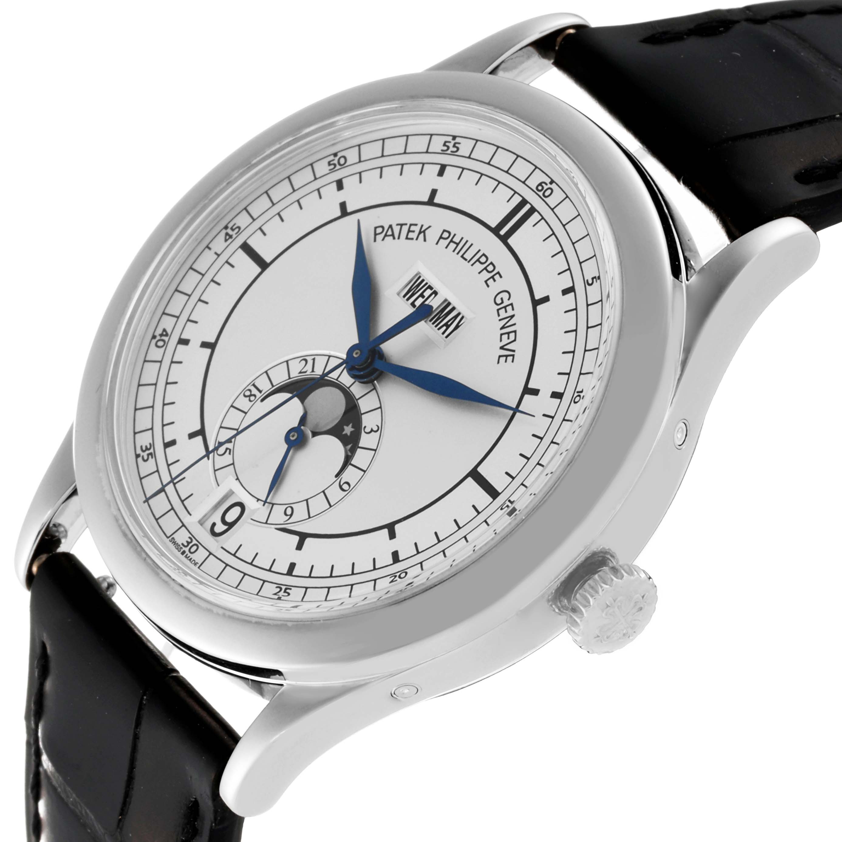 This Patek Philippe Complications 5396G Men
s White Gold Silver Dial 5396G Men
s White Gold Silver Dial watch is shown from an angled side view, highlighting the face, crown, and part of the strap.