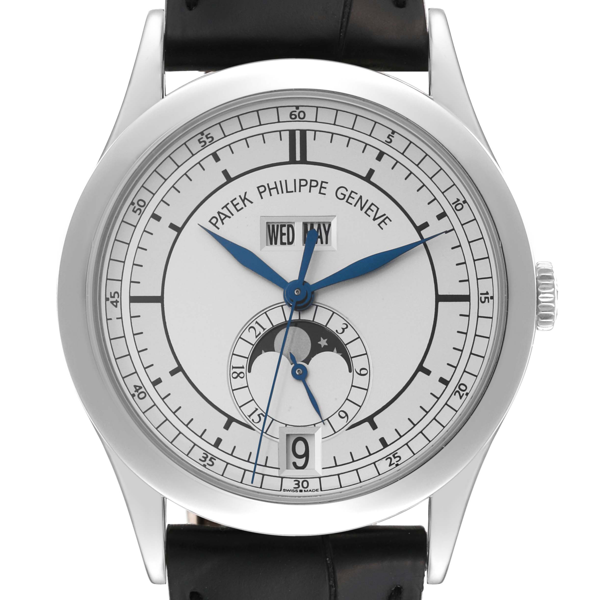 Front view of a Patek Philippe Complications 5396G Men
s White Gold Silver Dial 5396G Men
s White Gold Silver Dial model watch showing its face, hands, calendar, moon phase, and strap.