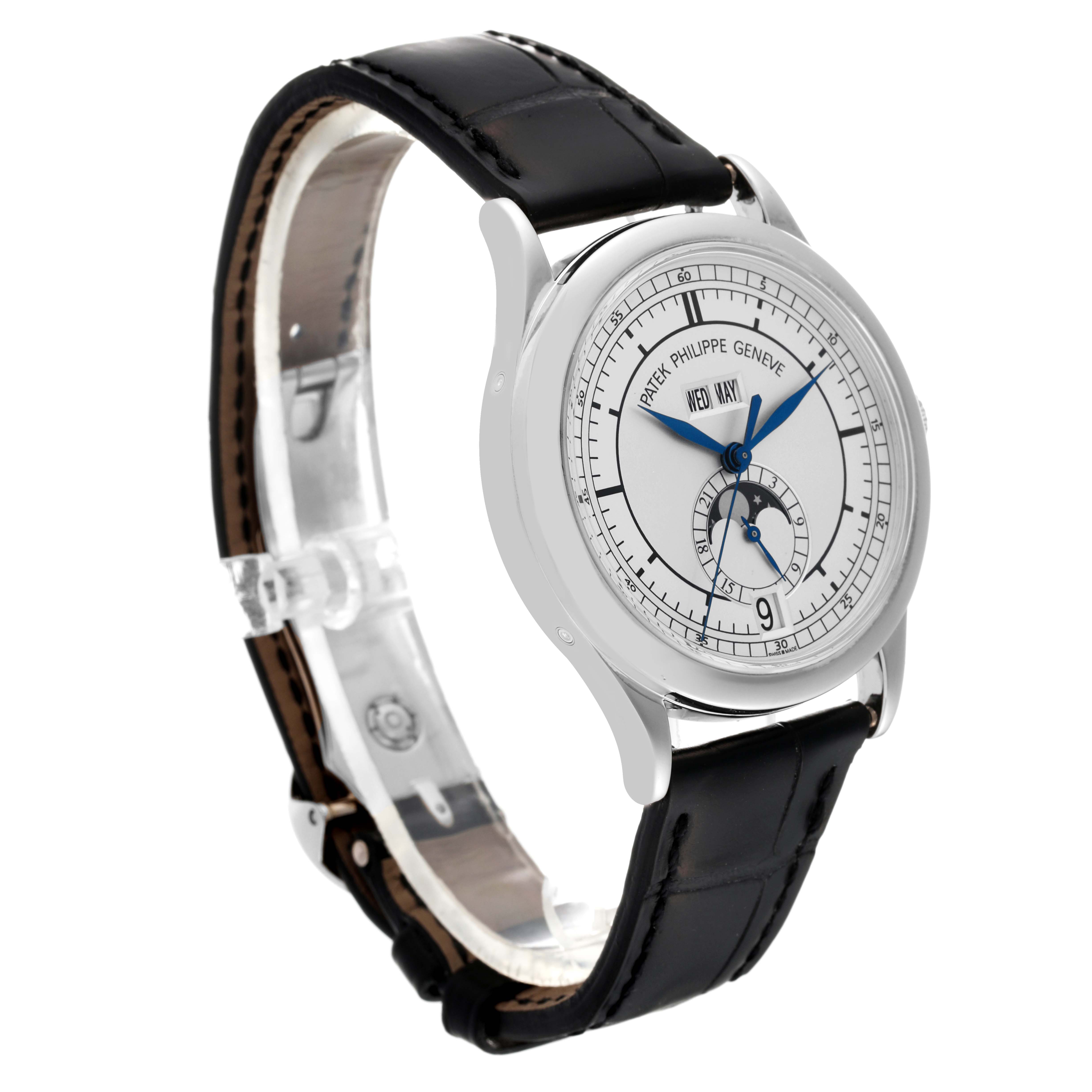 The image shows a side view and partial front of the Patek Philippe Complications 5396G Men
s White Gold Silver Dial 5396G Men
s White Gold Silver Dial model watch, highlighting its face, strap, and buckle.