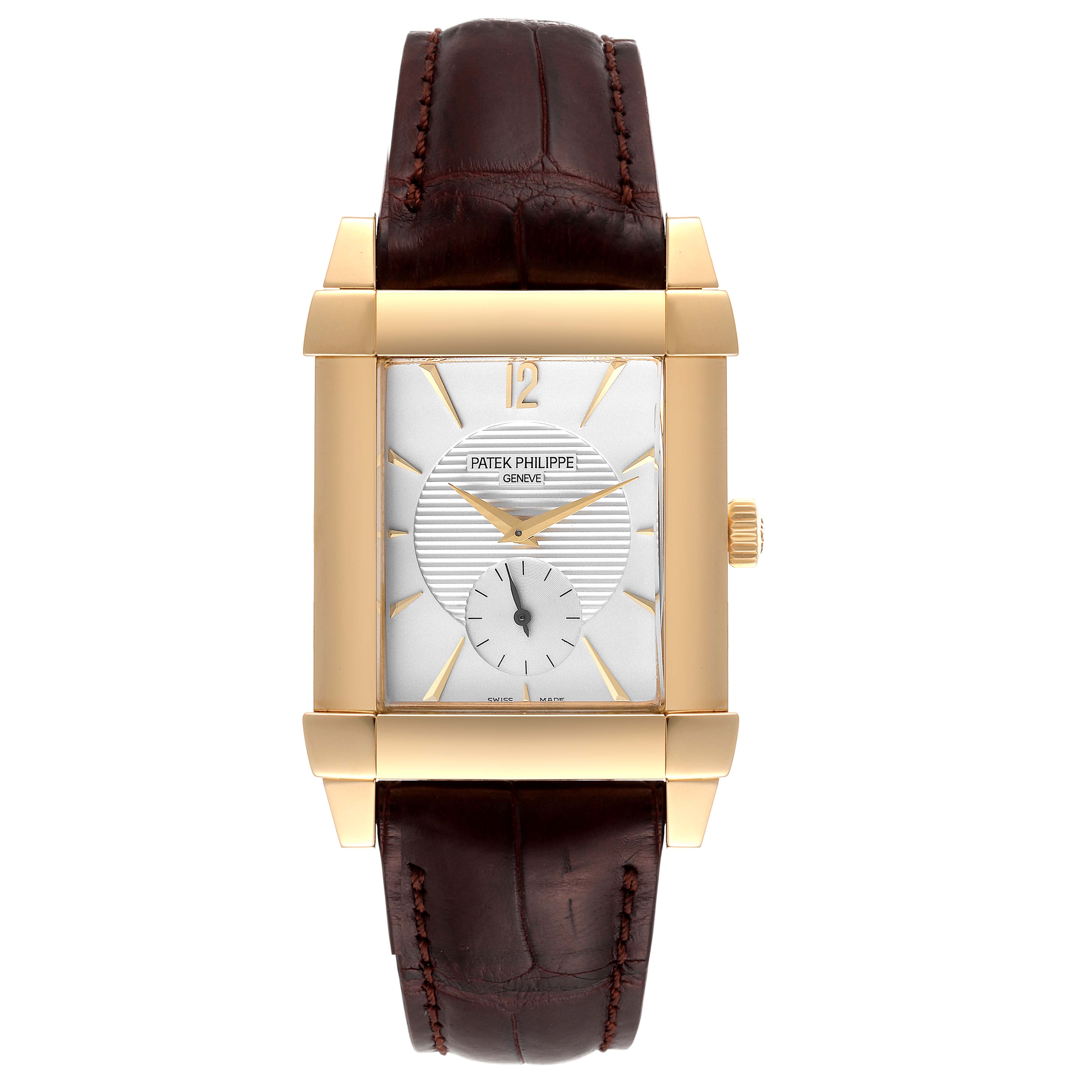 The image shows a front view of the Patek Philippe Gondolo 5111J Men's Yellow Gold Silver Dial 5111J Men's Yellow Gold Silver Dial watch, highlighting its rectangular face, gold case, and brown leather strap.