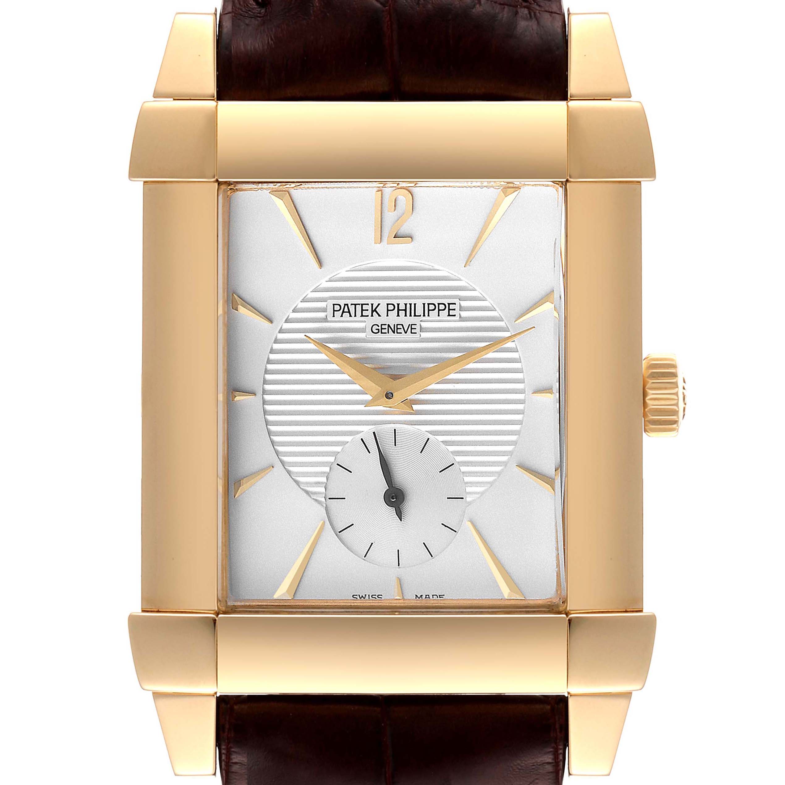 The image shows a front view of the Patek Philippe Gondolo 5111J Men's Yellow Gold Silver Dial 5111J Men's Yellow Gold Silver Dial watch, highlighting its dial, case, and crown.