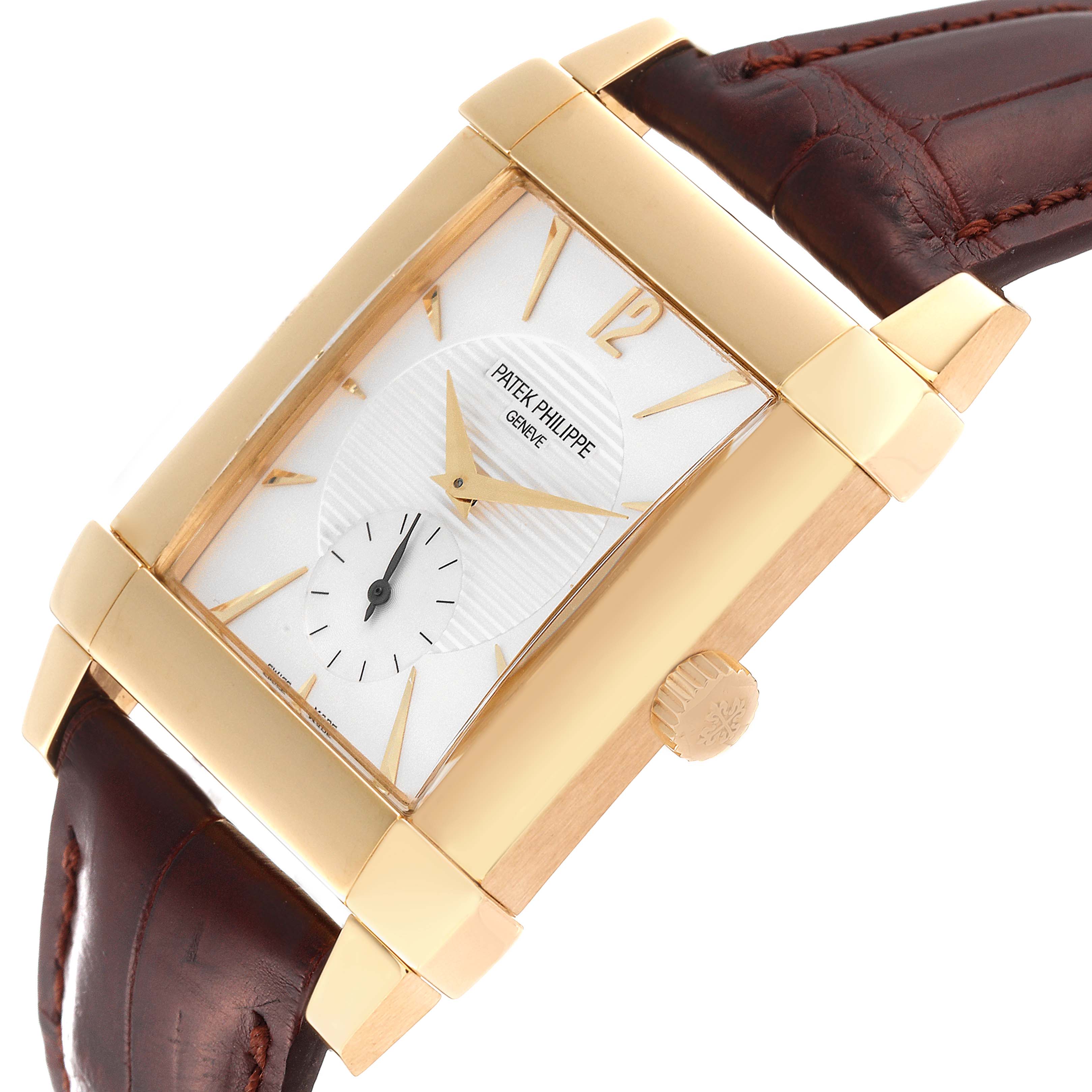 The image shows a Patek Philippe Gondolo 5111J Men's Yellow Gold Silver Dial 5111J Men's Yellow Gold Silver Dial watch at an angle highlighting the gold case, dial, crown, and brown leather strap.
