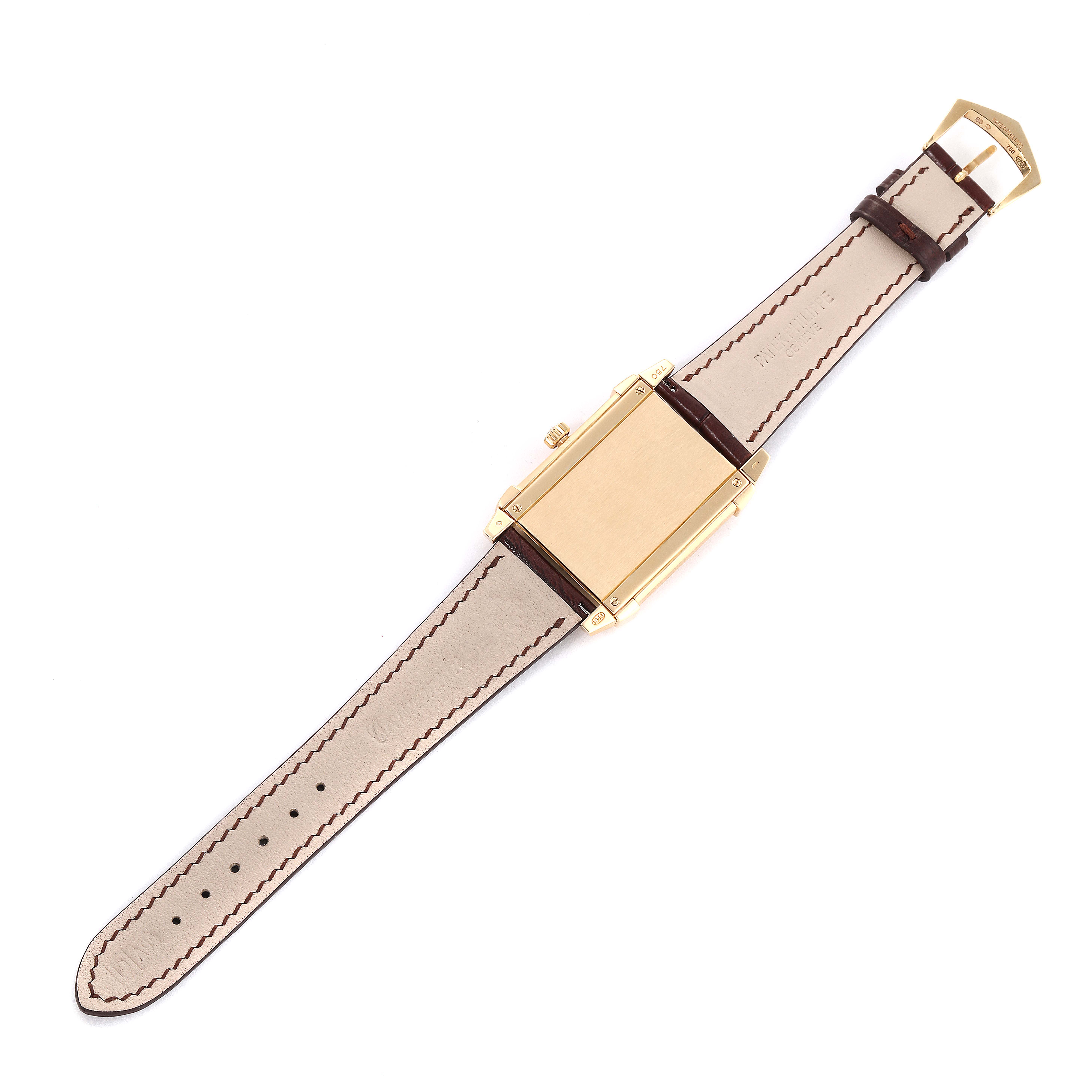 The image shows the back view of a Patek Philippe Gondolo 5111J Men's Yellow Gold Silver Dial 5111J Men's Yellow Gold Silver Dial watch, displaying the strap, buckle, and case.