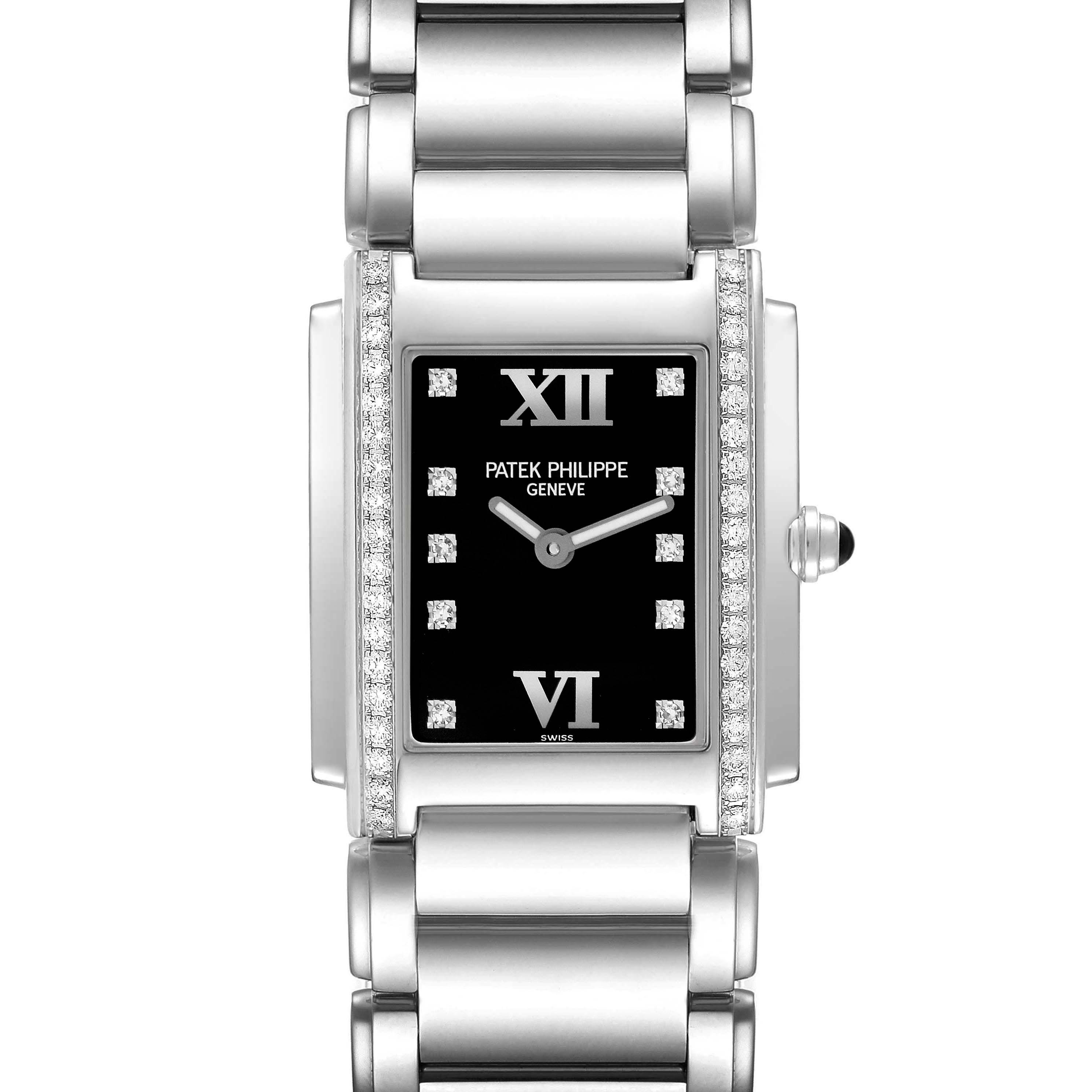The Patek Philippe Twenty-4 4910 Women's Stainless Steel Black Dial 4910 Women's Stainless Steel Black Dial watch is shown from the front, highlighting the rectangular face and bracelet.