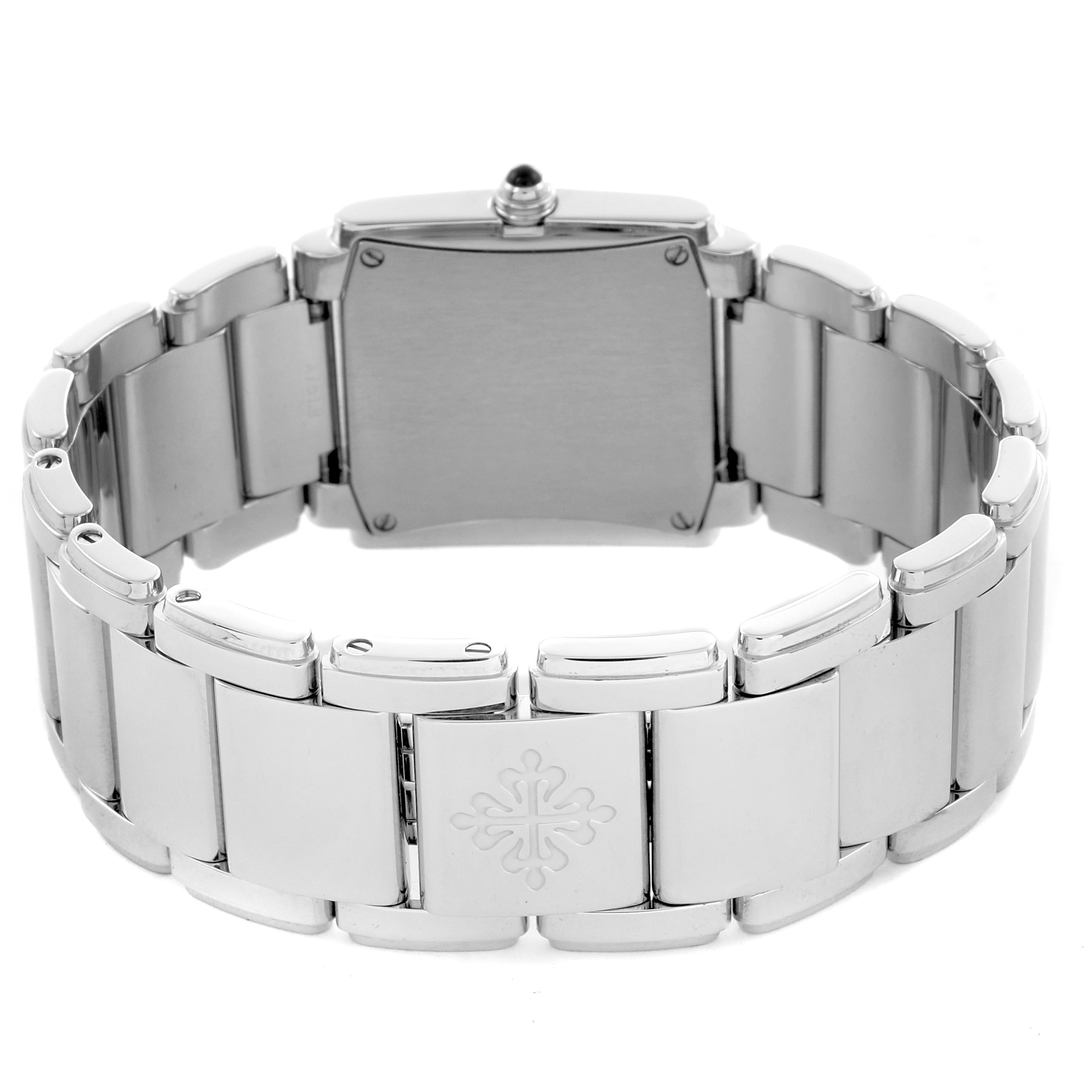 The image shows the back view of a Patek Philippe Twenty-4 4910 Women's Stainless Steel Black Dial 4910 Women's Stainless Steel Black Dial watch, focusing on the clasp and bracelet links.