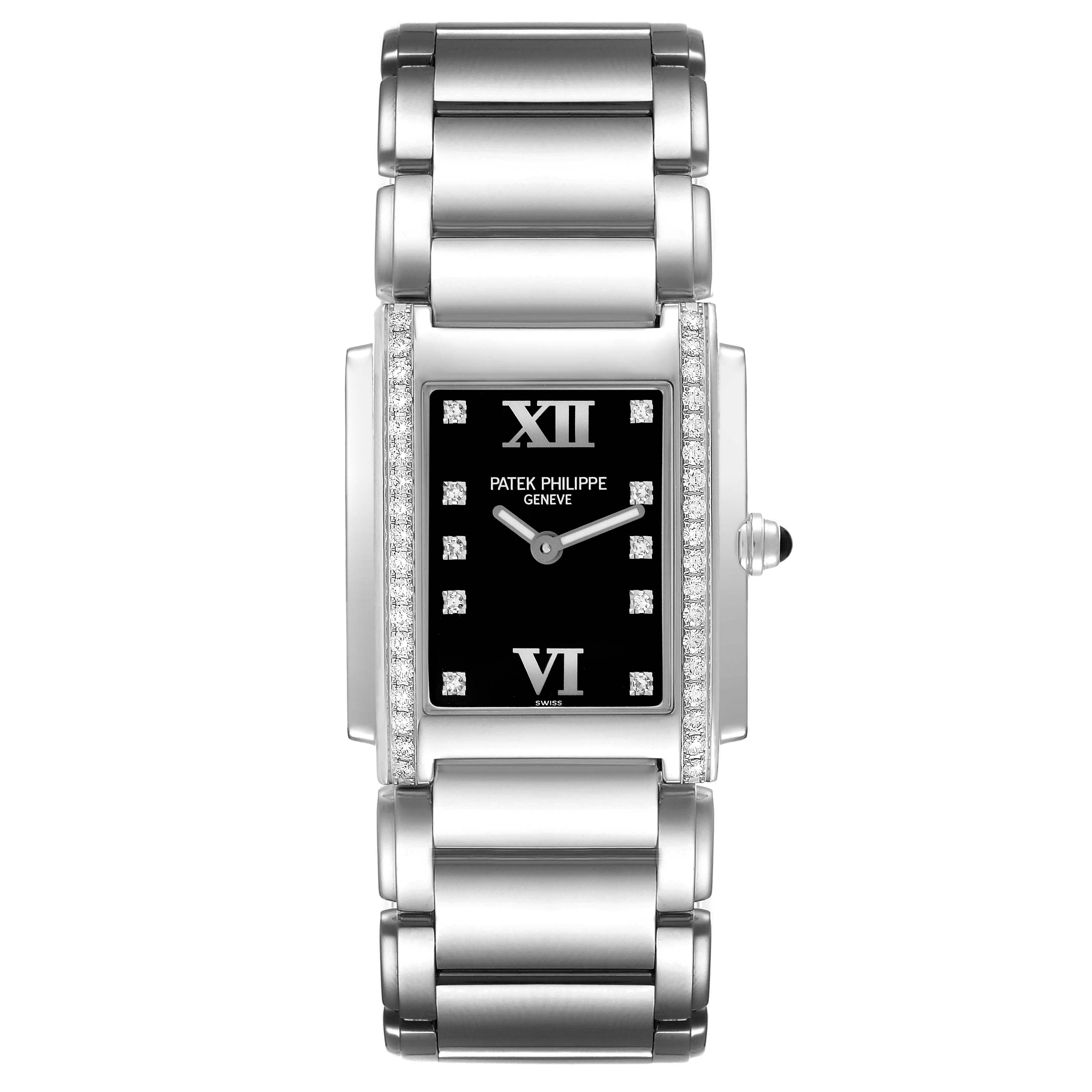 The Patek Philippe Twenty-4 4910 Women's Stainless Steel Black Dial 4910 Women's Stainless Steel Black Dial watch is shown from a top-down angle, highlighting the face, bezel, and stainless steel bracelet.