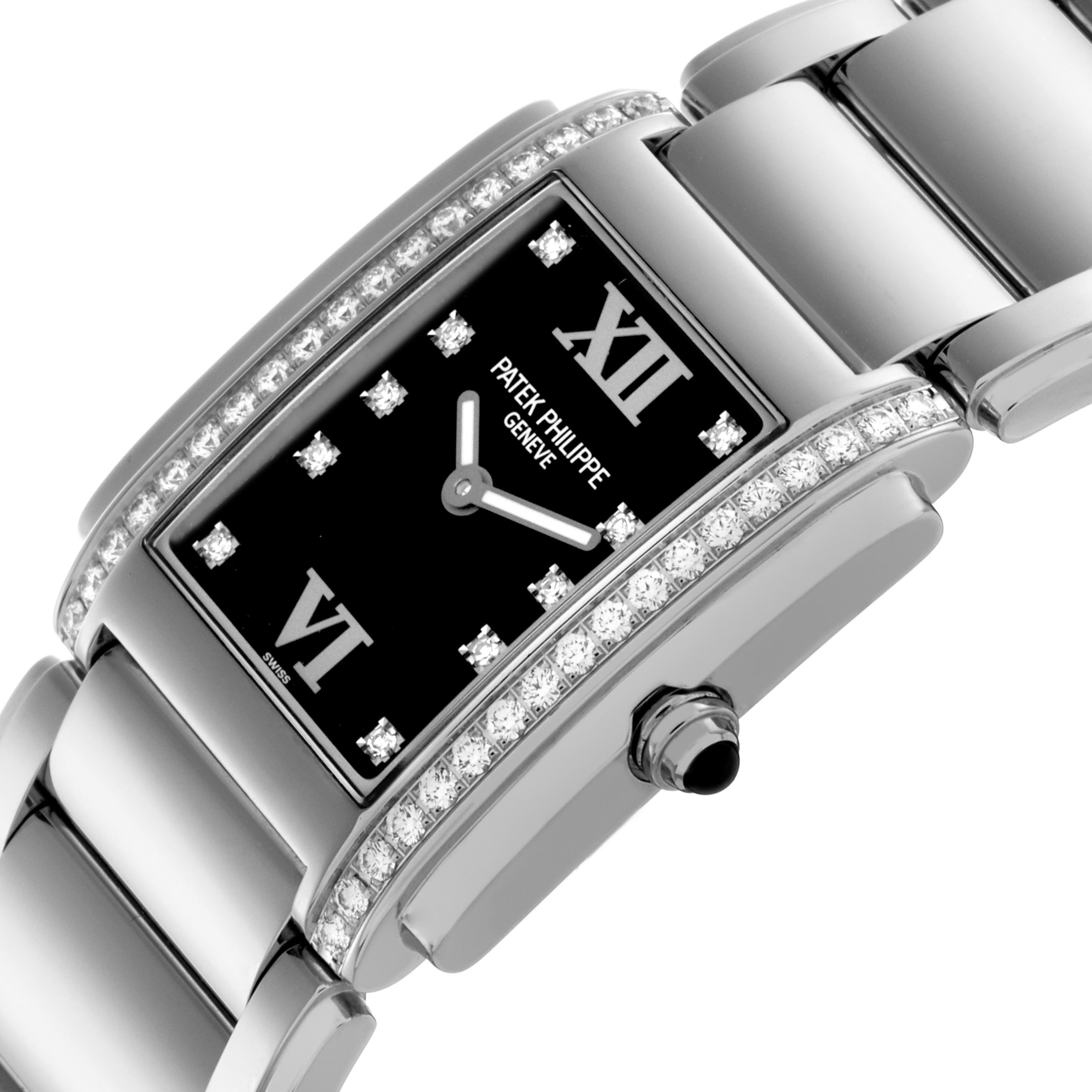 The Patek Philippe Twenty-4 4910 Women's Stainless Steel Black Dial 4910 Women's Stainless Steel Black Dial watch is shown at an angled close-up, highlighting the dial, diamonds, and the crown on the side.