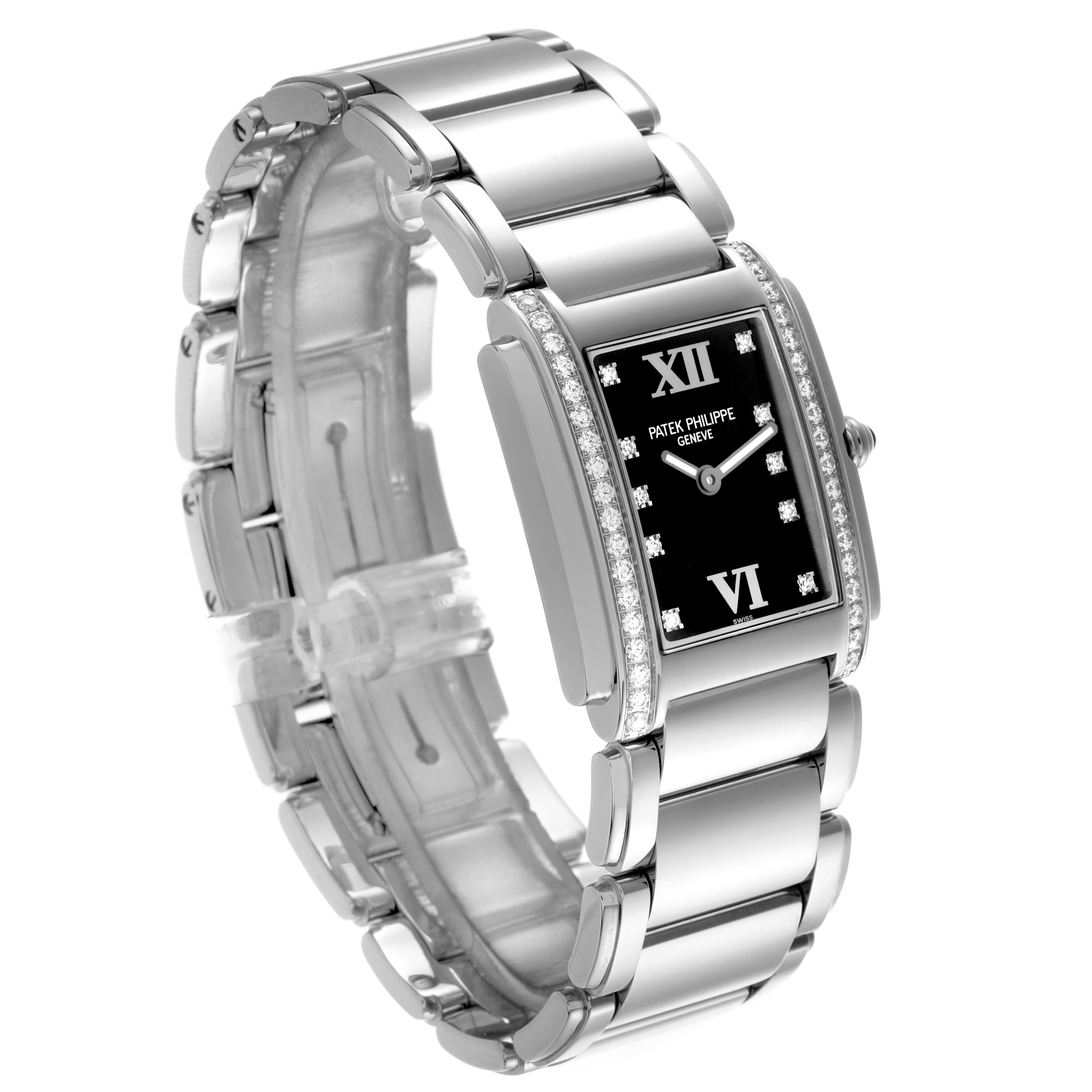 The image shows a Patek Philippe Twenty-4 4910 Women's Stainless Steel Black Dial 4910 Women's Stainless Steel Black Dial watch at a three-quarter angle, highlighting the bracelet and diamond-set case.