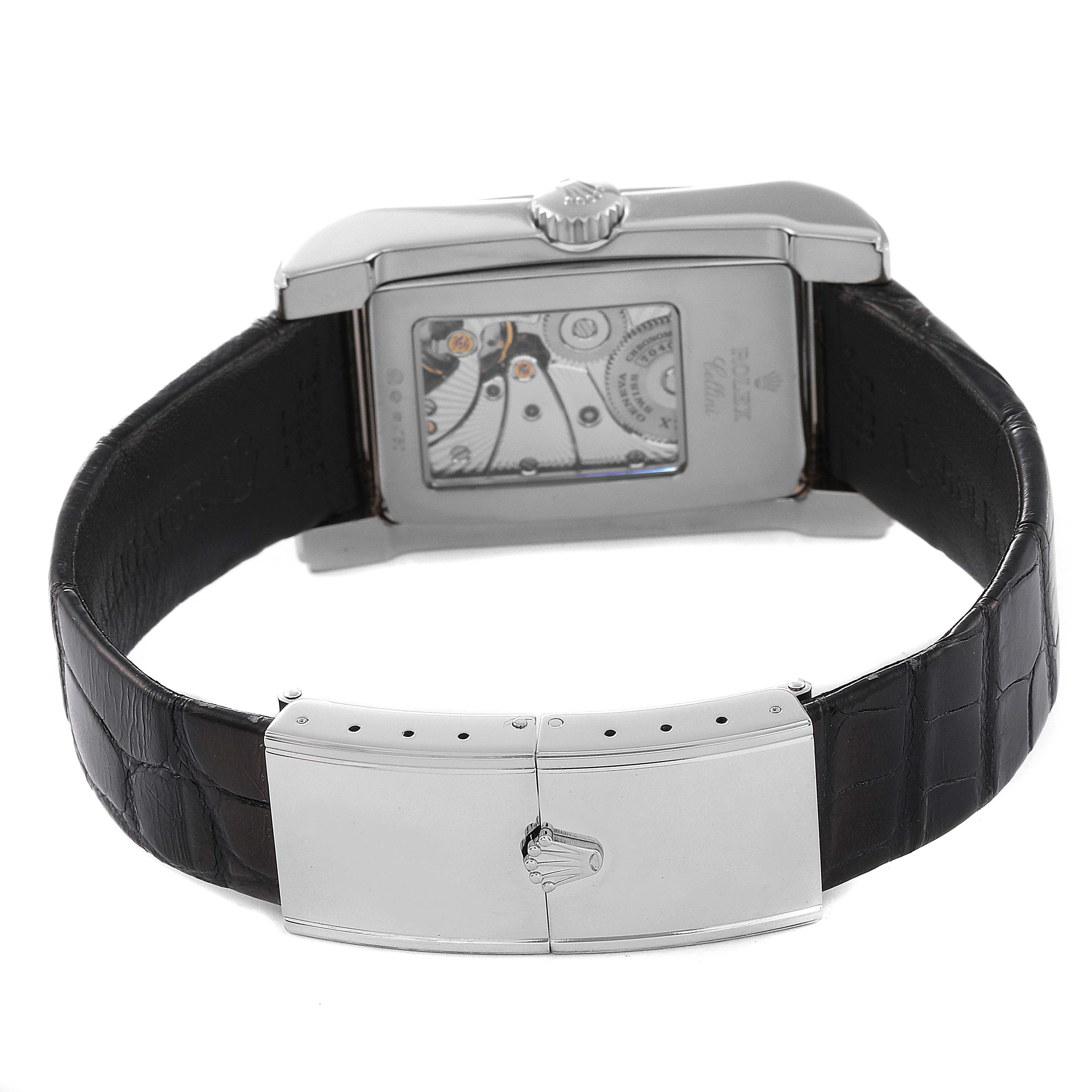 This image shows the back view of a Rolex Cellini 5443/9 Men's White Gold Black Dial 5443/9 Men's White Gold Black Dial watch, revealing its movement and leather strap with a clasp.