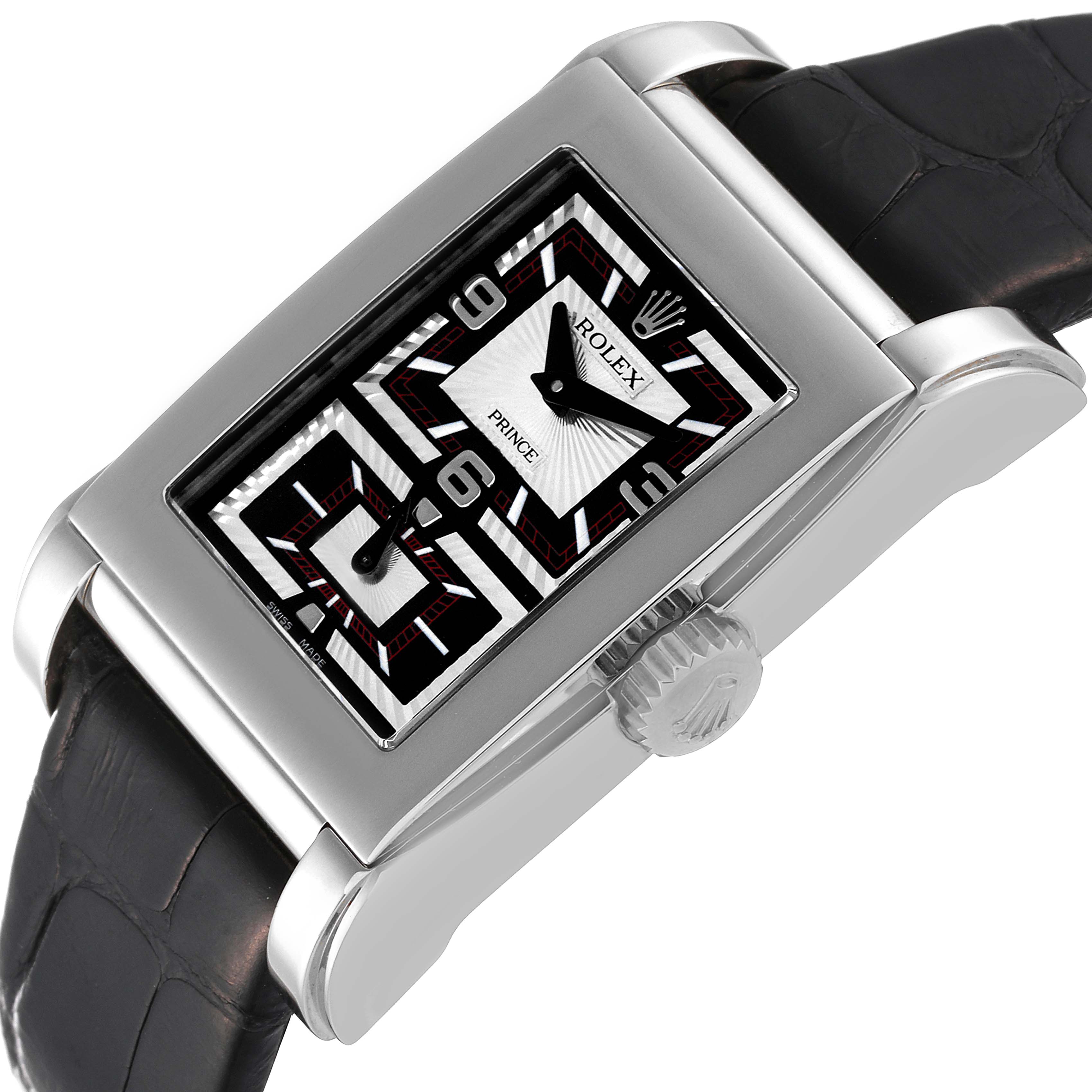 This image shows a Rolex Cellini 5443/9 Men's White Gold Black Dial 5443/9 Men's White Gold Black Dial Prince model watch from a three-quarter angle, highlighting the dial, case, crown, and black leather strap.