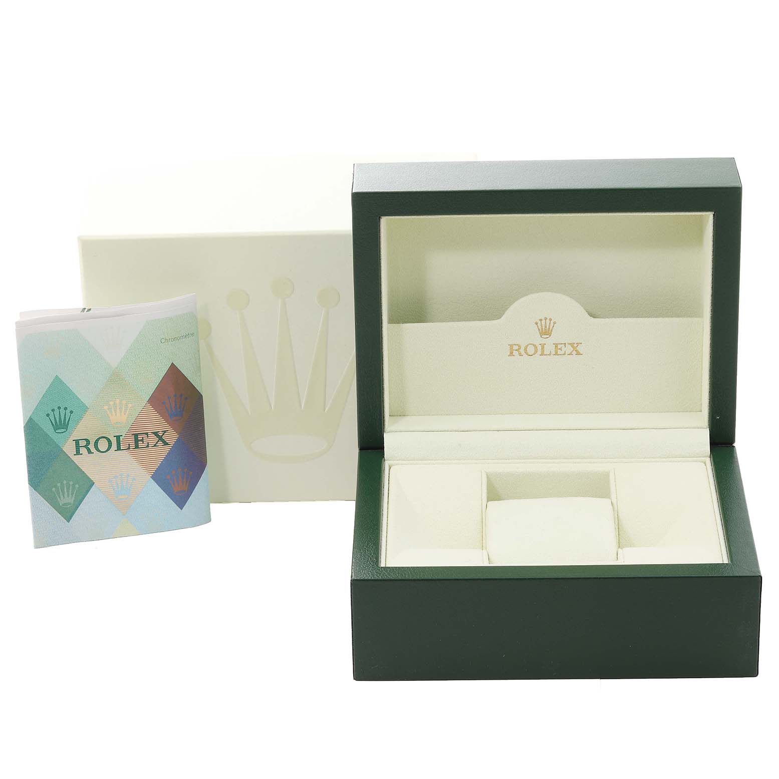 The image shows an open Rolex Cellini 5443/9 Men's White Gold Black Dial 5443/9 Men's White Gold Black Dial watch box with cushioned compartments and a Rolex booklet, viewed from the front.