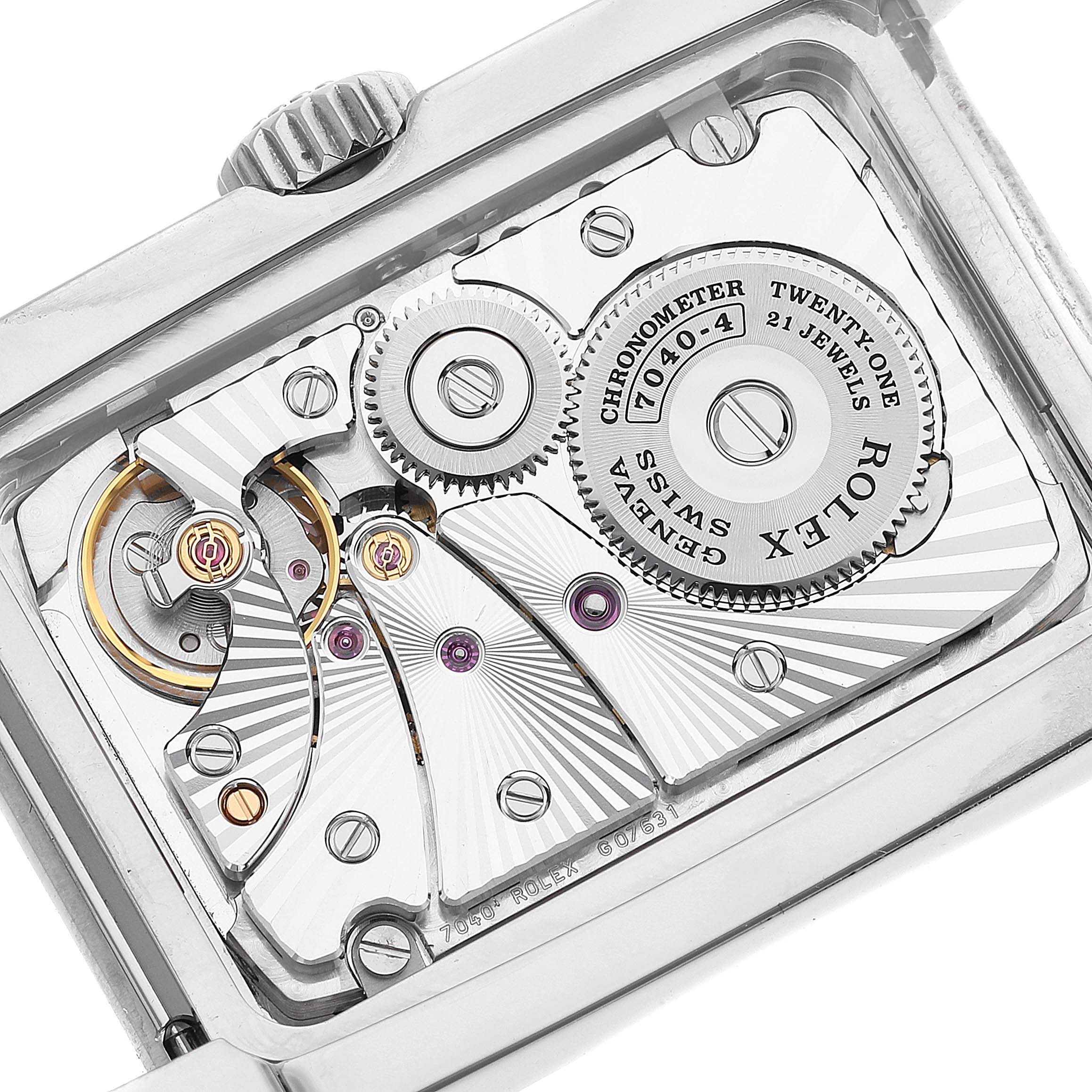The image shows the intricate inner mechanical movement of the Rolex Cellini 5443/9 Men's White Gold Black Dial 5443/9 Men's White Gold Black Dial watch viewed from the back case.