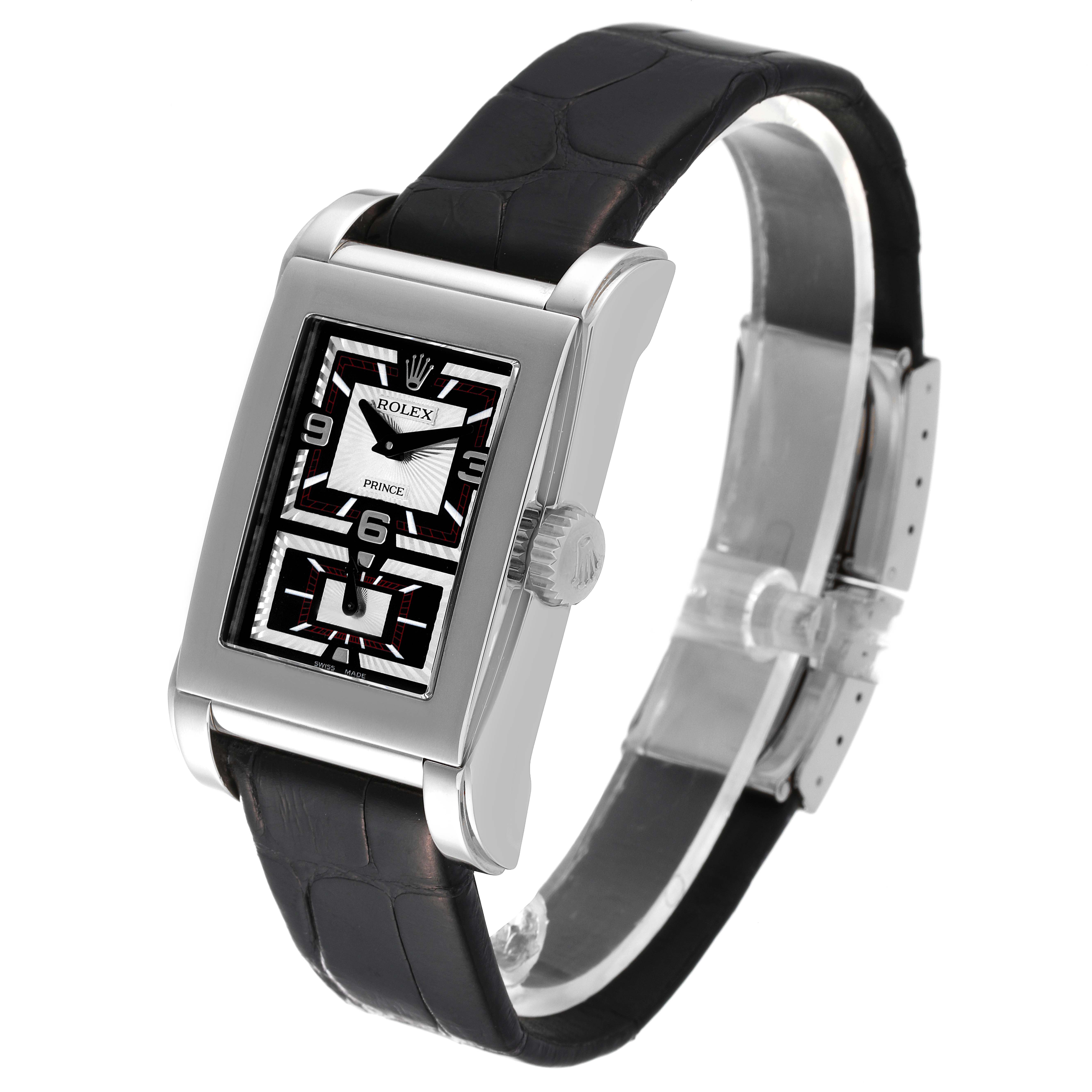 The Rolex Cellini 5443/9 Men's White Gold Black Dial 5443/9 Men's White Gold Black Dial Prince watch is displayed at a slight angle, showcasing the dial, crown, and leather strap.