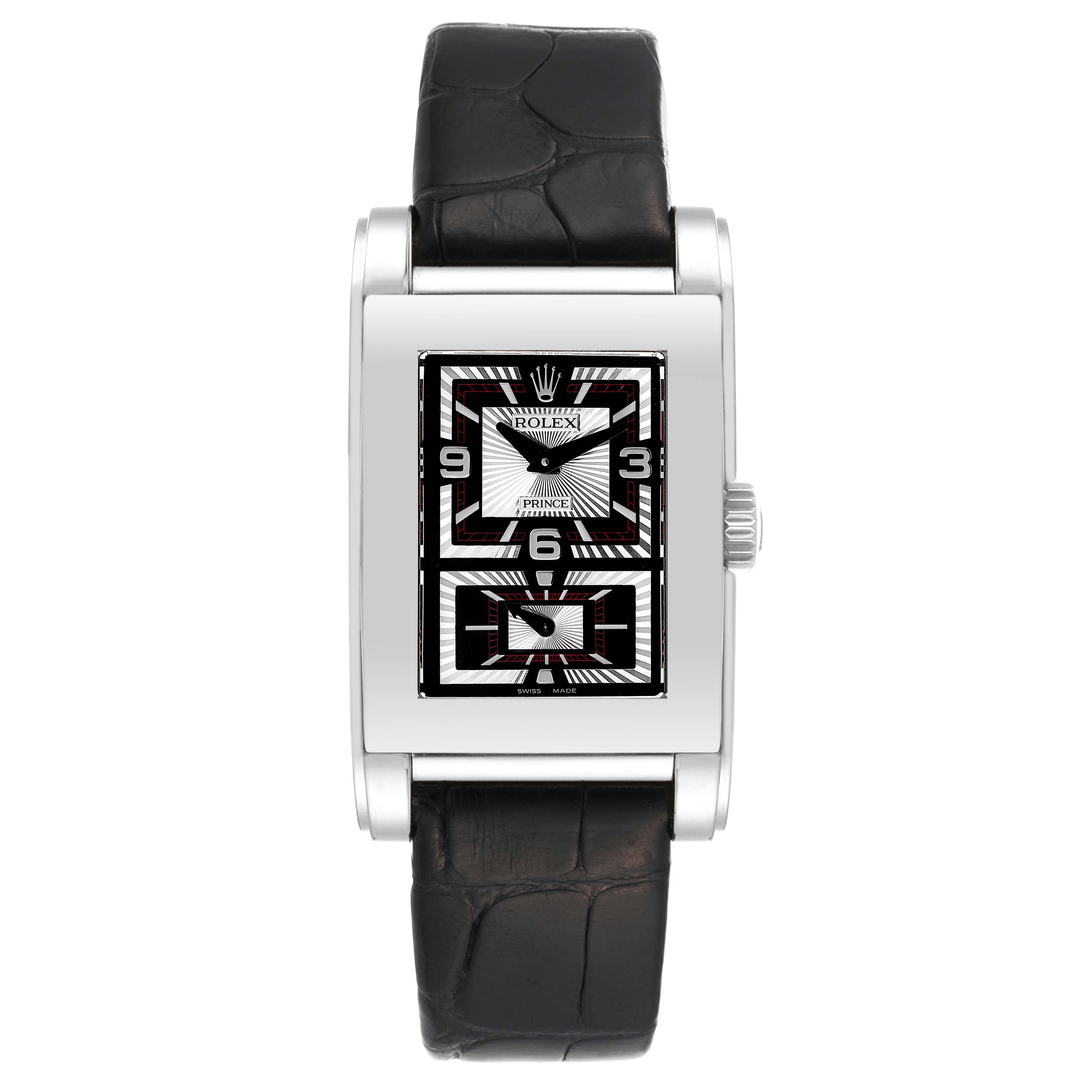 The Rolex Cellini 5443/9 Men's White Gold Black Dial 5443/9 Men's White Gold Black Dial watch is shown from a front angle, featuring a black leather strap, rectangular dial, and crown on the right side.